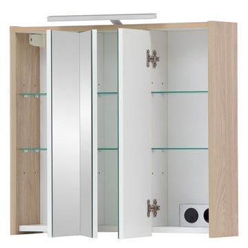 Lomadox Spiegelschrank ESPOO-80 Eiche hell, 3 Türen, Beleuchtung, 65 cm breit