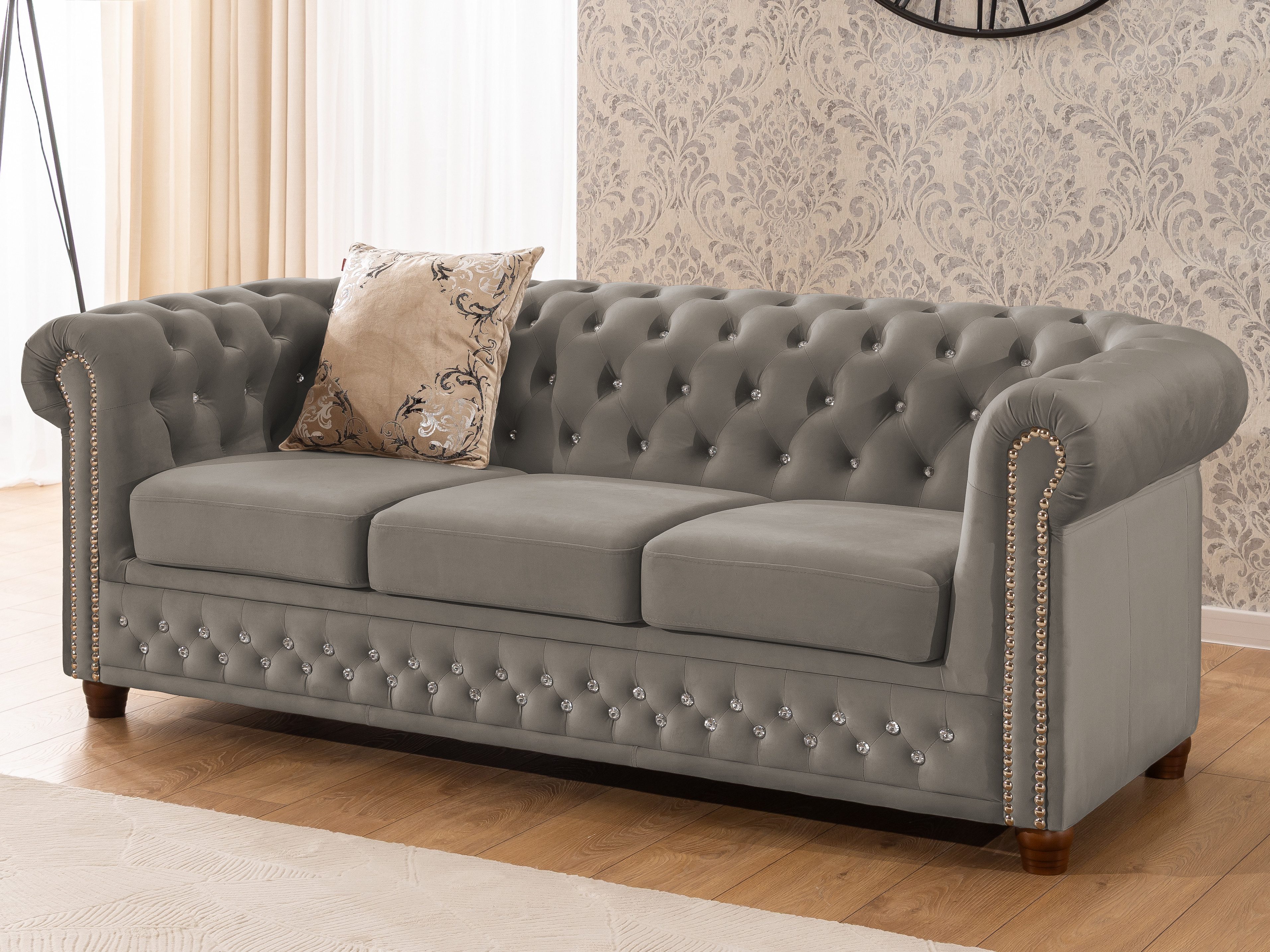 S-Style Möbel Chesterfield-Sofa 3-Sitzer Cleo Blink aus Samt mit Kristallsteppung und Massivholzfüßen, mit Wellenfederung