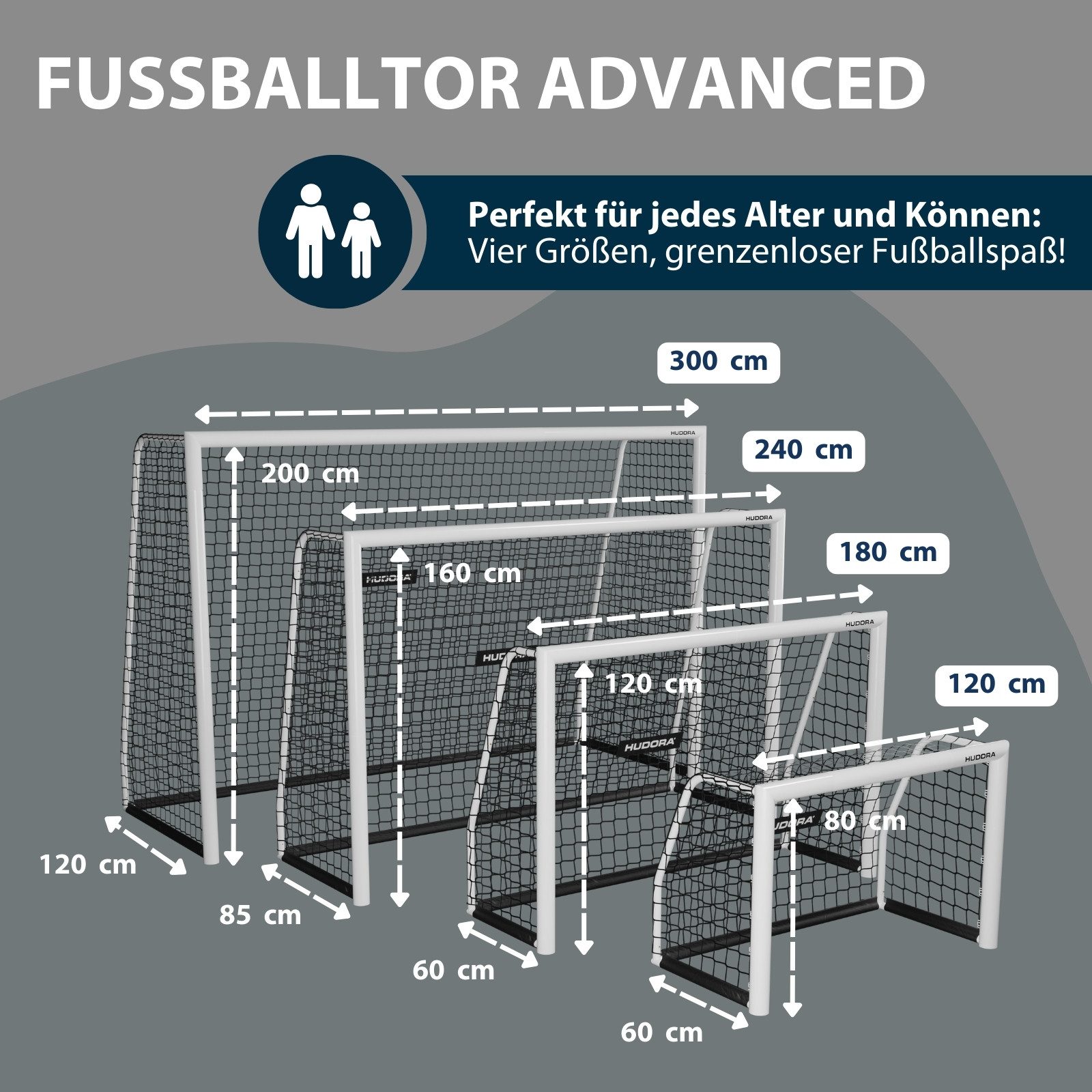 Hudora Fußballtor Advanced - Fußballtor für Kinder/Jugendliche & Erwachsene (stabil und hochwertig, einfacher Aufbau in den Größen 120-300cm, Outdoor-Fußball-Tor für Garten), Wetter- & standfestes Fußball-Trainingstor mit engmaschigem Netz