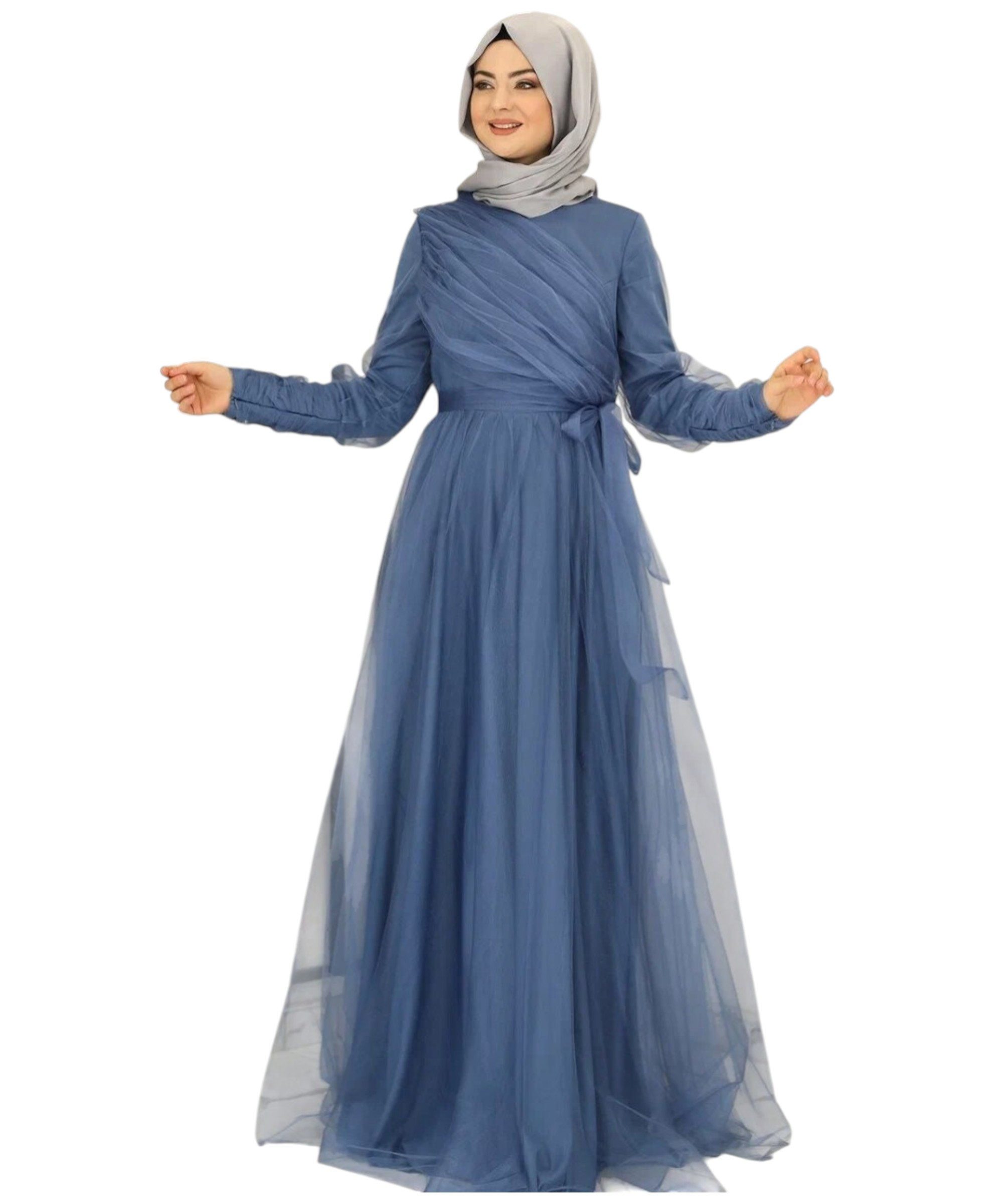 Modavitrini Tüllkleid Maxikleid langarm Abendkleid festlich elegant mit Gürtel bodenlang gefüttert, blickdicht