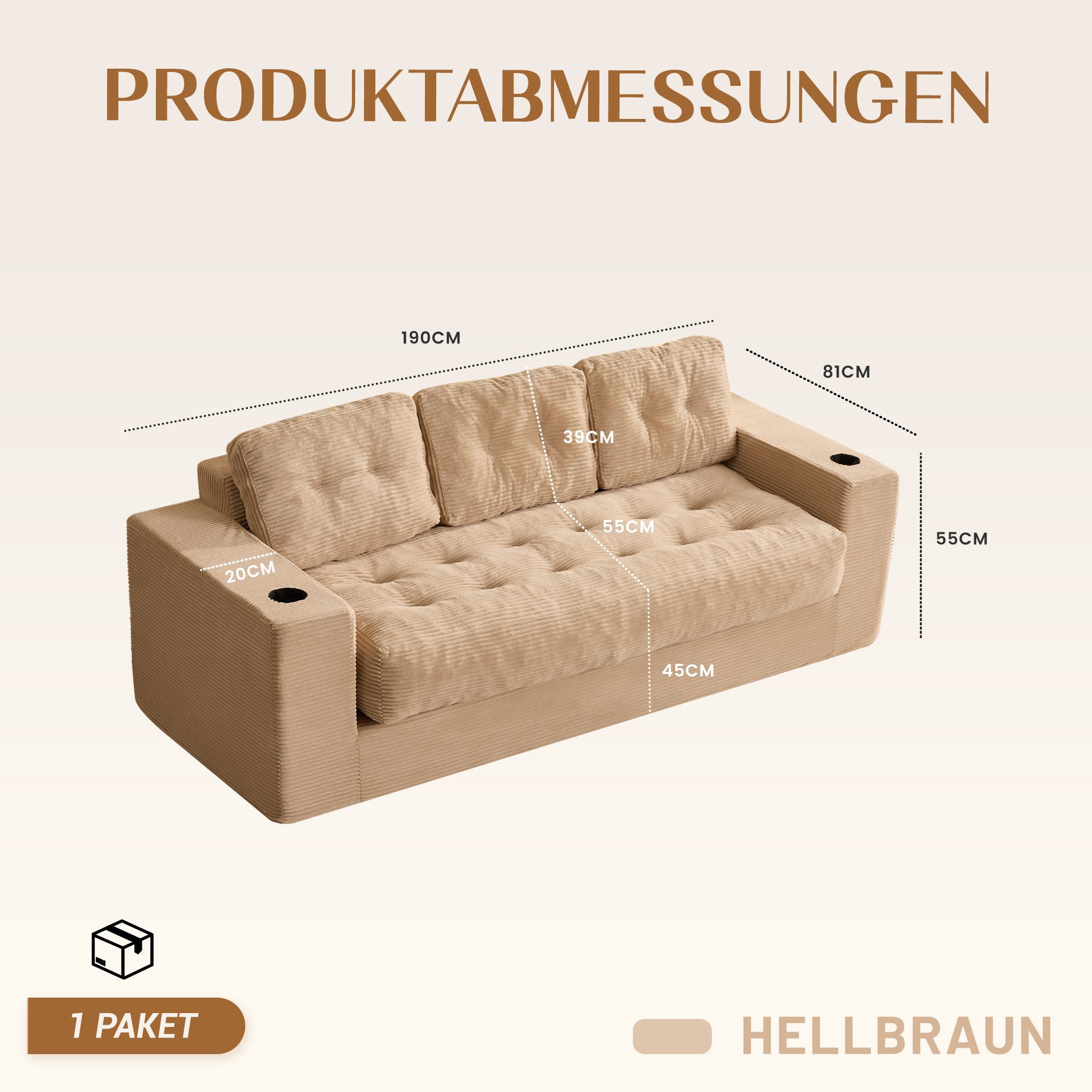 LITBIRD Sofa Bodensofa 3-Sitzer 190 cm, modulares Kordstoff Sofa mit Rückenlehne, 1 Teile, Jugend- & Studentensofa, bequemes Relax Sofa