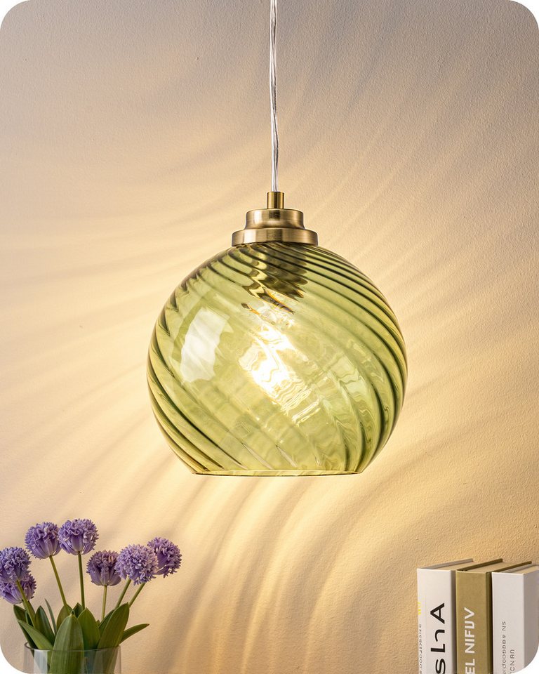 EDISHINE Pendelleuchte für Esstisch, Hängeleuchte mit Glas Lampenschirm, Höhenverstellbar, LED wechselbar, warmweiß, Hängelampe für Kücheninsel, Flur, Grün Lampenschirm