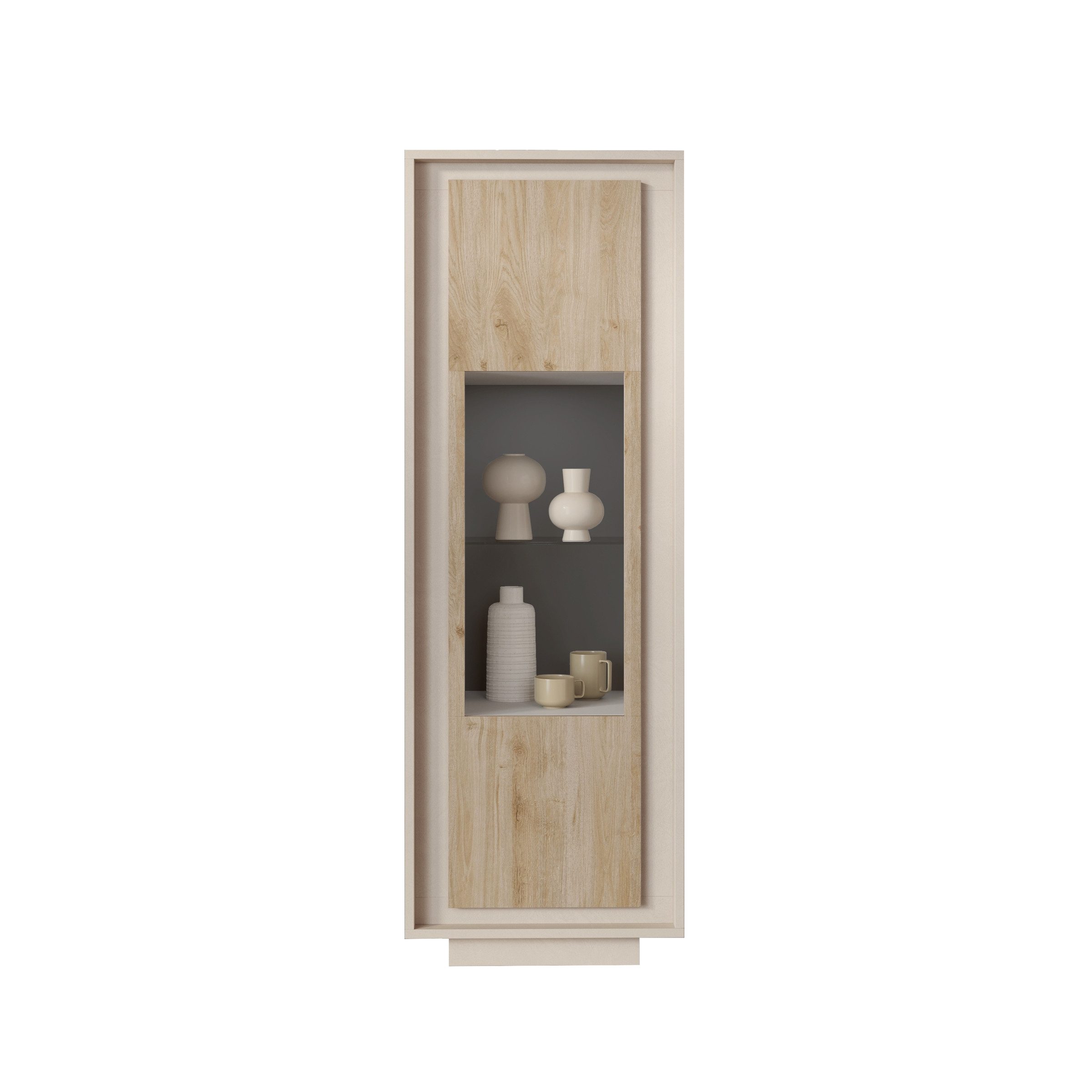 freiraum Vitrine Siena 3 Böden, Soft-Close, Cashmere, Cadiz Eiche Dekor - 67x197x40 (BxHxT)