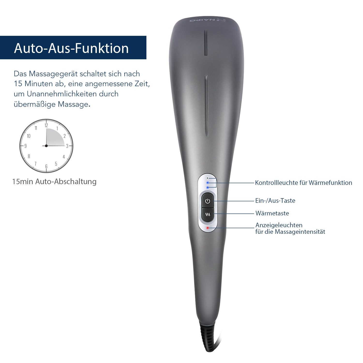 NAIPO Shiatsu-Massagegerät, Kabellos, 4 Aufsätze, verschiedene Intensitäten