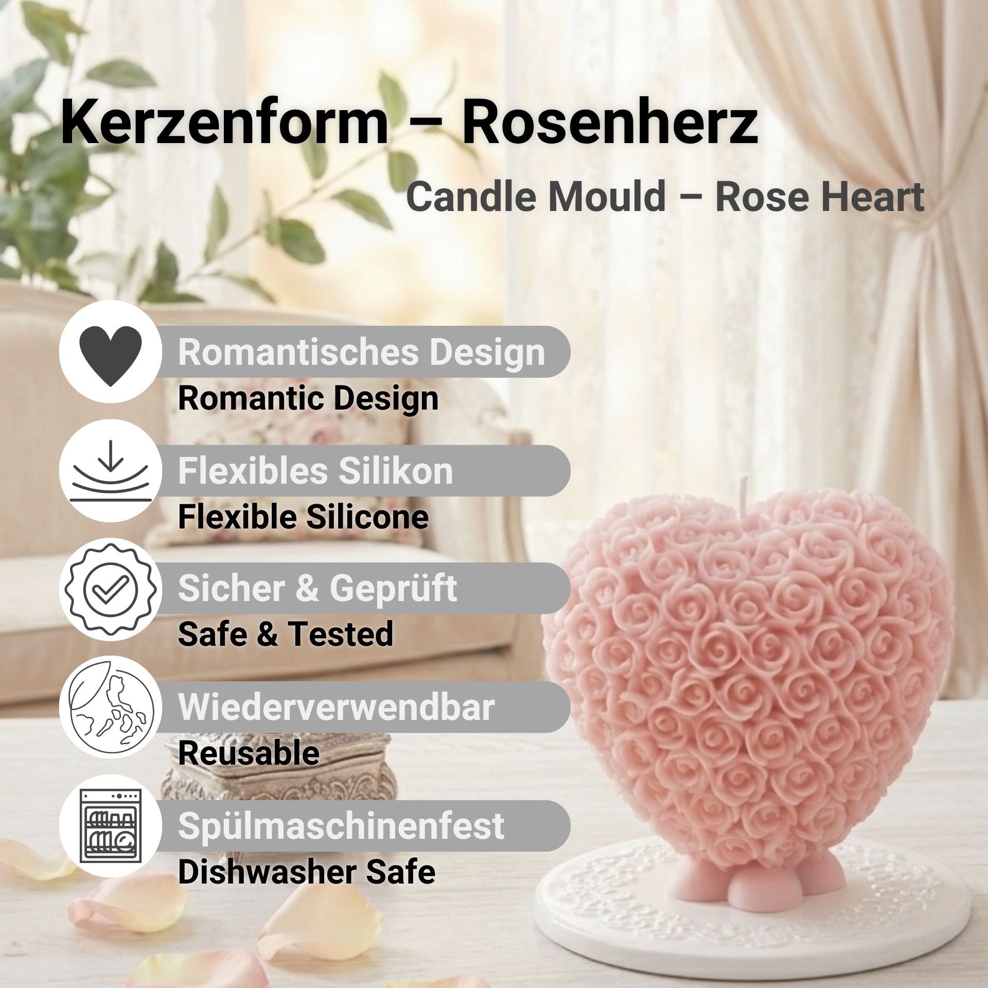 DistrEbution Silikonform Rosenherz – Herz aus Rosenblüten, flexible Silikonform für romantische Kerzen, Valentinstag Kerzenform – Bild 2 von 5