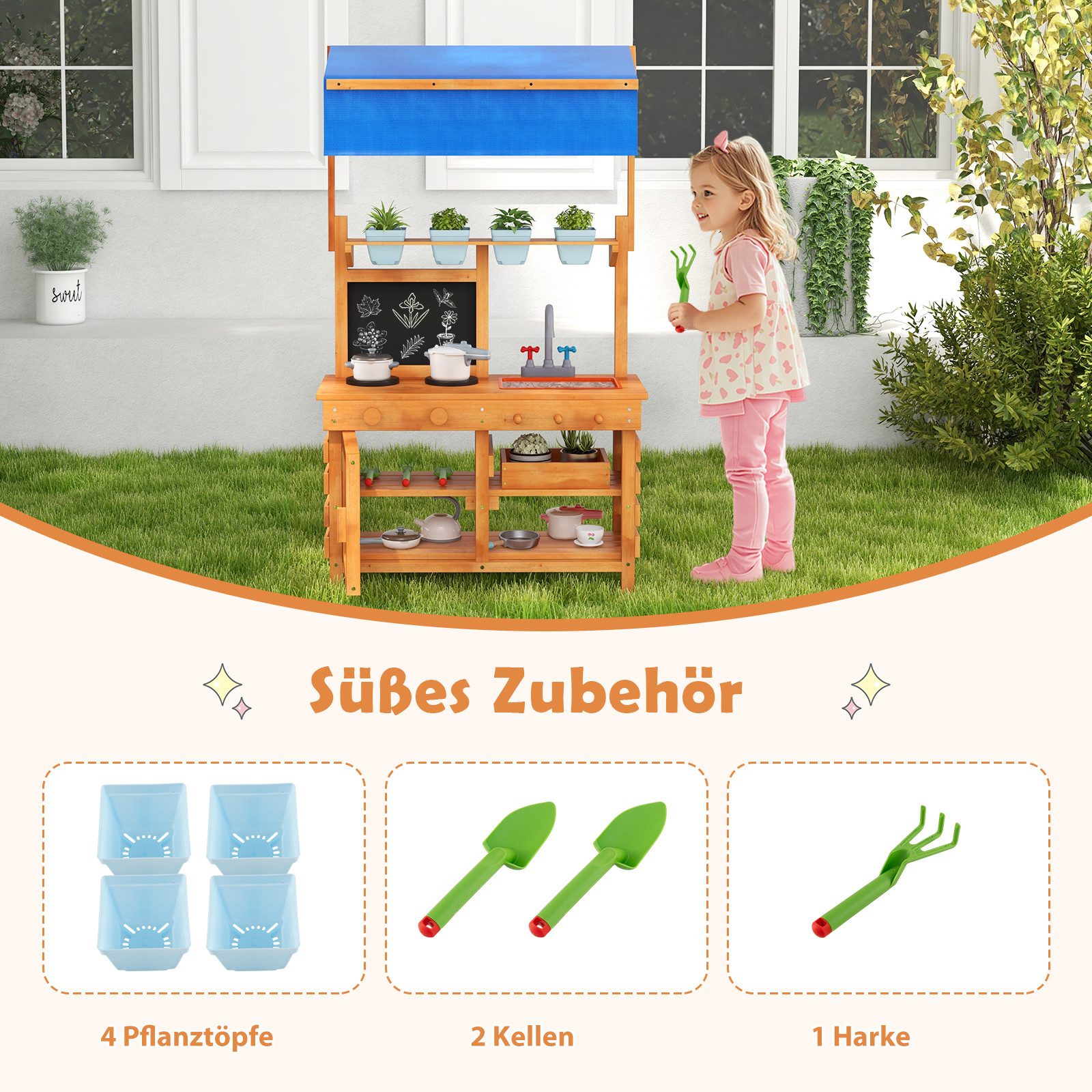 KOMFOTTEU Outdoor-Spielküche, Matschküche aus Tannenholz mit verstellbarem Baldachin