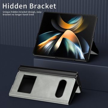 Wigento Handyhülle Für Samsung Galaxy Z Fold4 5G Window View Flip Cover Kunstleder Handy Tasche Hülle Etuis Grau