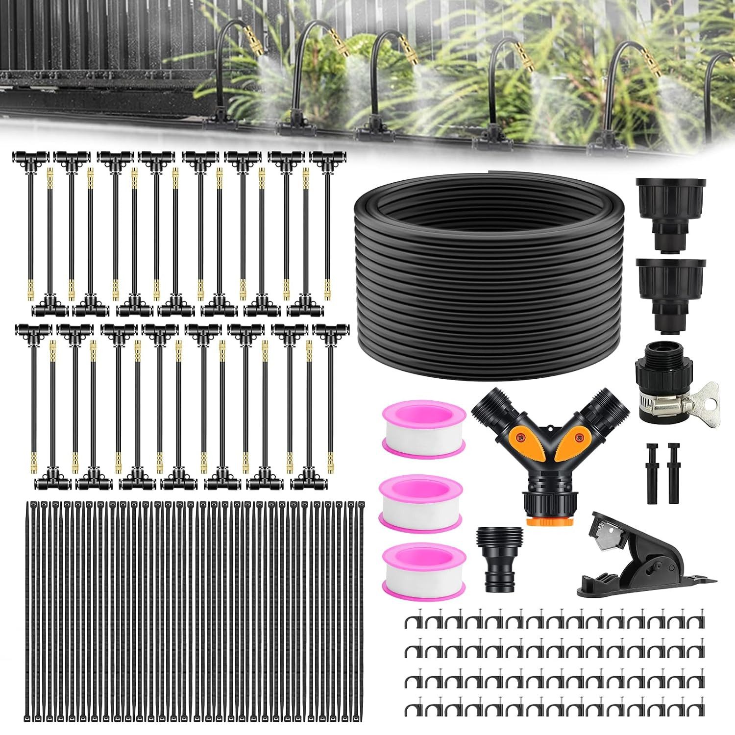 Feelhap Bewässerungssystem Automatisches Bewässerungssystem 35 m 30 verstellbaren 360°-Sprühdüsen, (Automatisches Garten-Bewässerungsset 35 m mit 30 Sprühdüsen, 192-tlg., 192-teiliges Bewässerungsset mit 35 m Schlauch und 30 Sprühdüsen), 35 m Schlauch; 30 Sprühdüsen; 360° verstellbar; 192-teilig