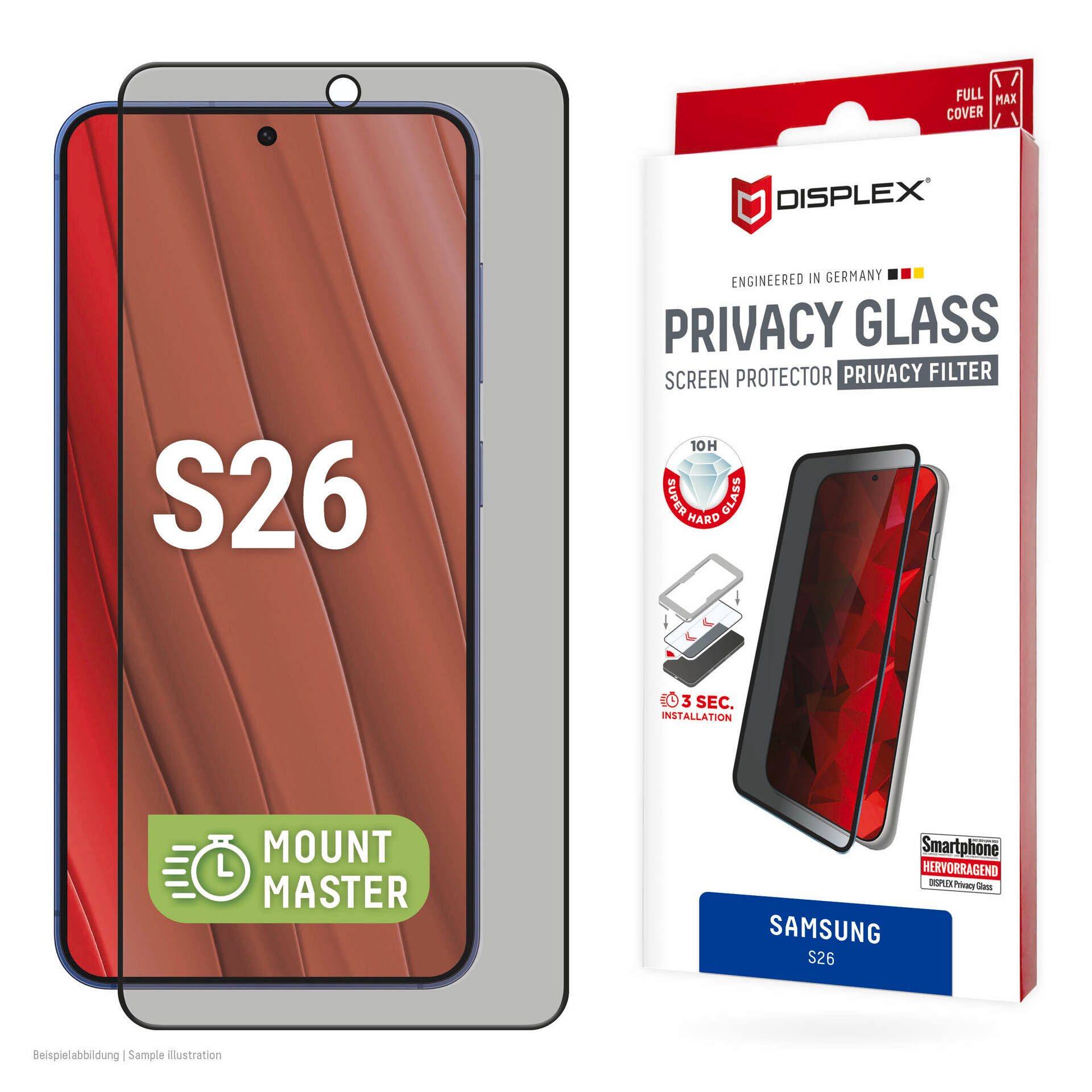 Displex Privacy Panzerglas (10H) für Samsung S26,MountMaster Privacy Filter