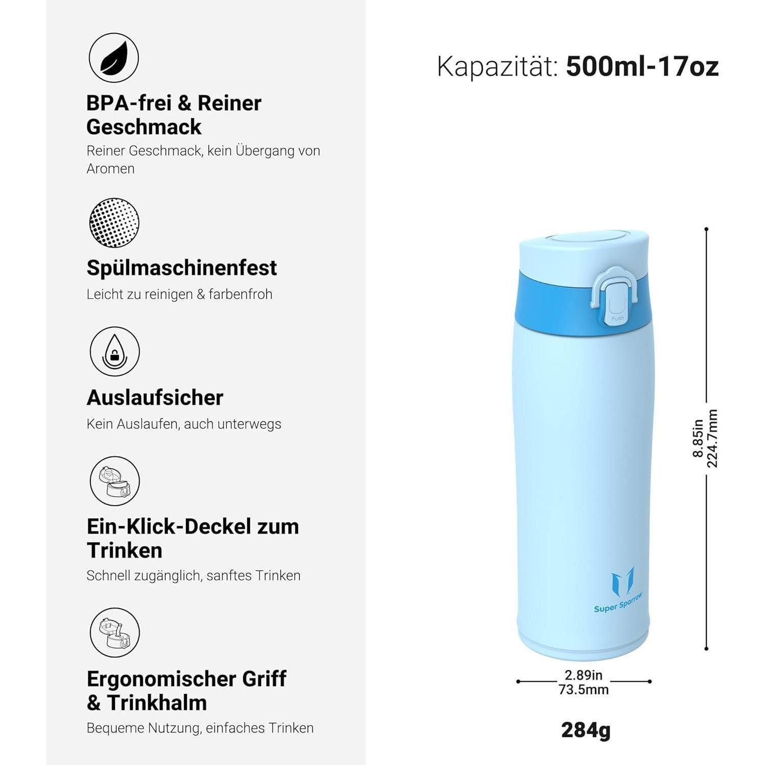 LuxusKollektion Thermoflasche Trinkflasche Edelstahl Auslaufsicher BPAfrei 500 ml M- Hellblau