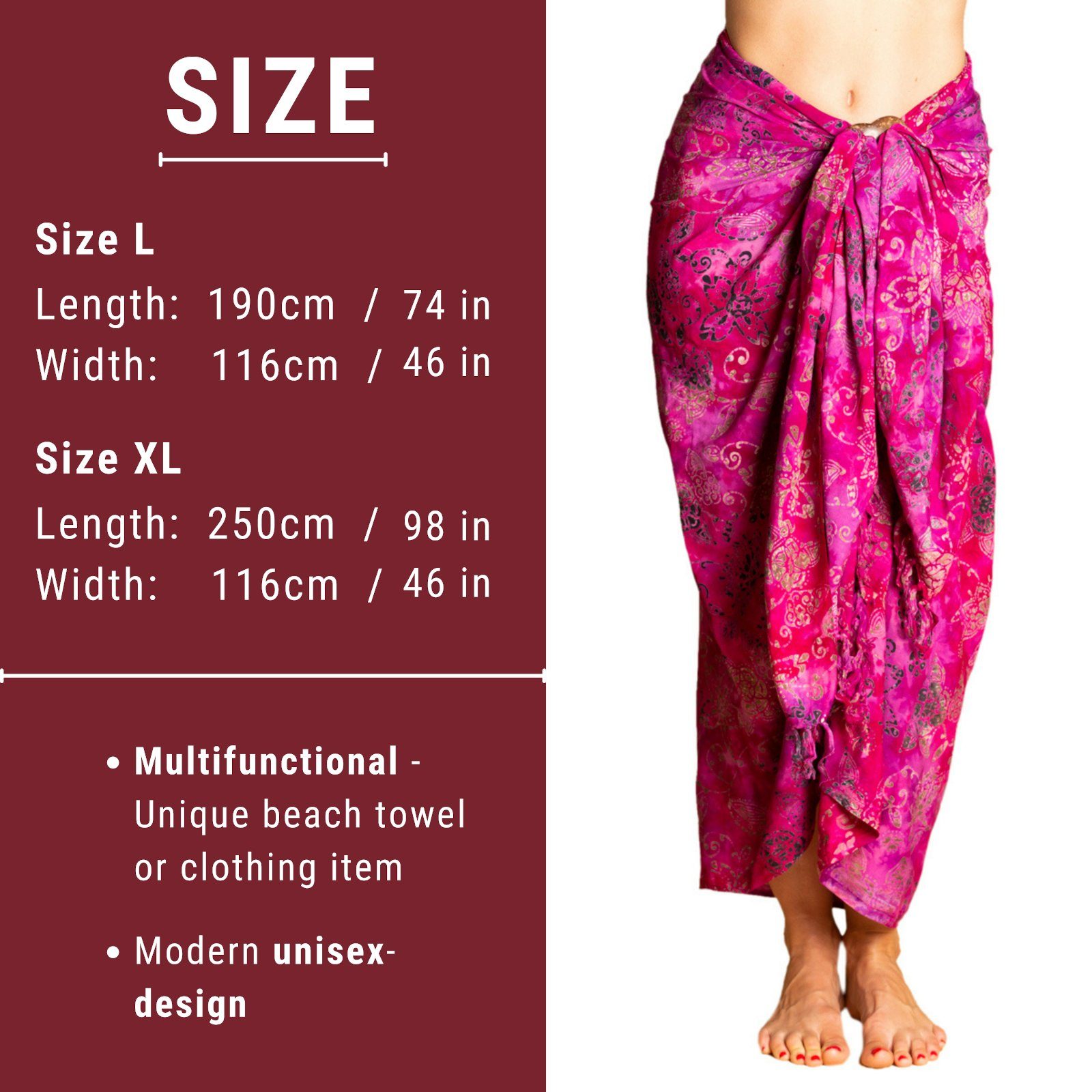 auch Bikini als Sarong Pareo PANASIAM oder, für Tuch Strandtuch Strand Cover-up in Wachsbatik Strandkleid Größen dream tragbar den pinkish B016 großen Überwurf Wrap