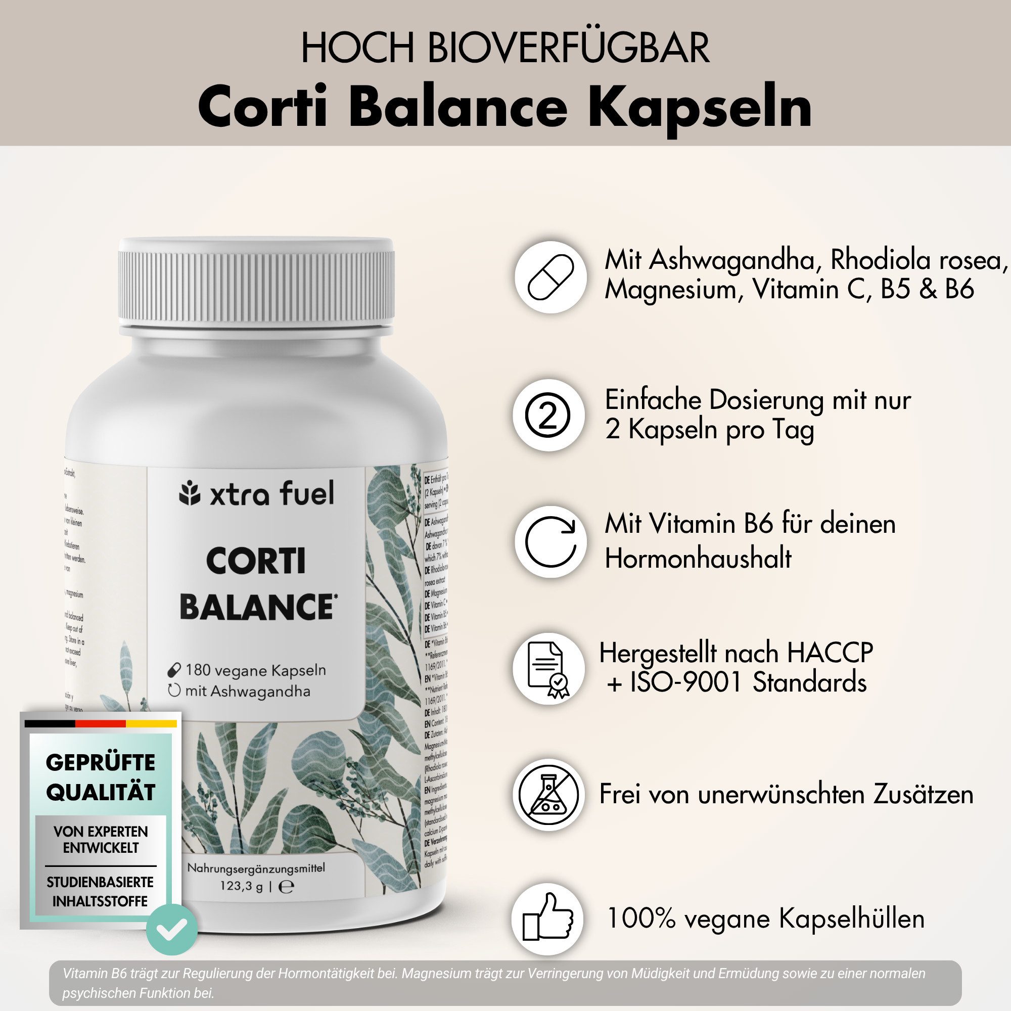 XTRA FUEL Corti Balance* -Cortisol Kapseln* - Ashwagandha, Rhodiola & Vitamin B6 Kapsel, 123.3 g