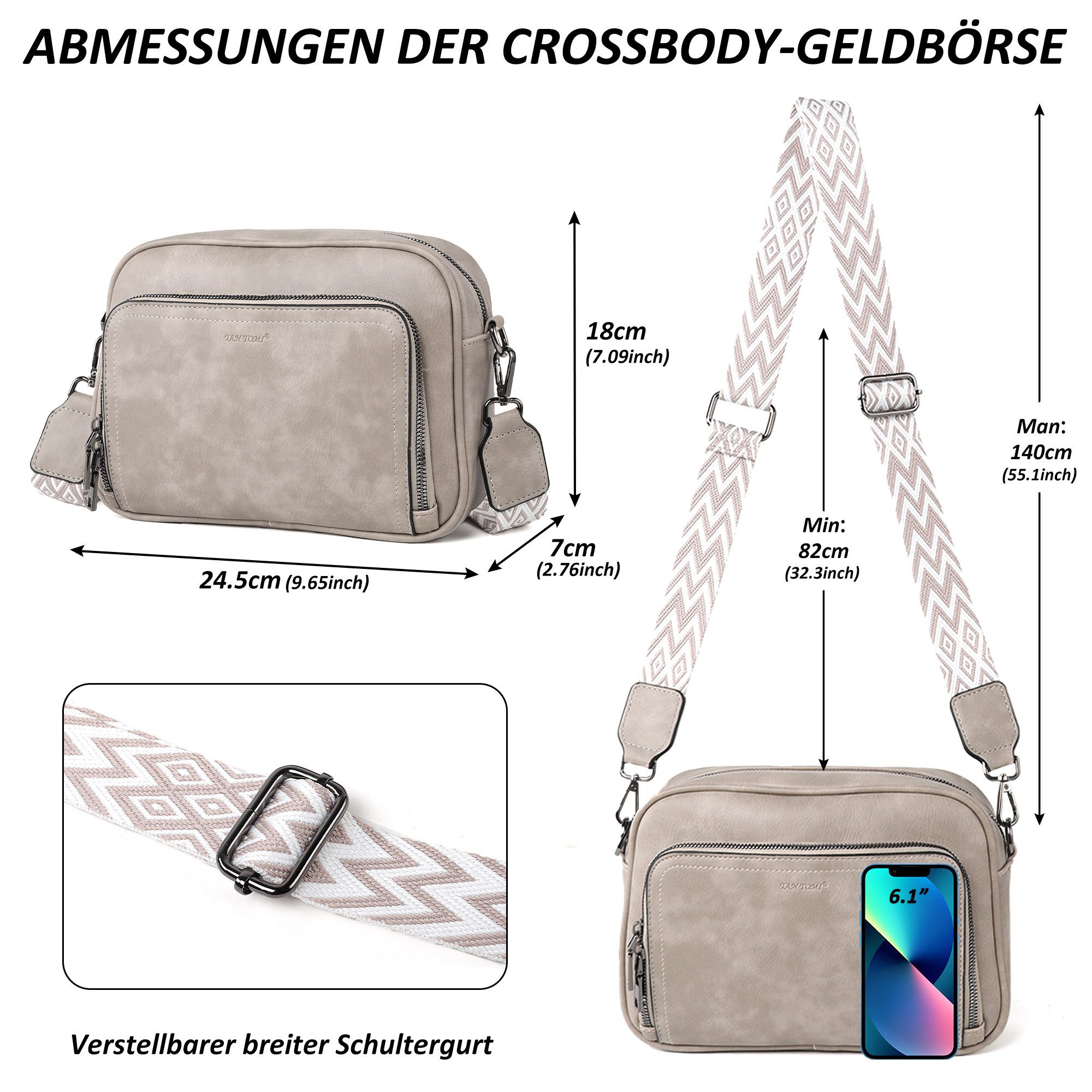 TAN.TOMI Umhängetasche Handtasche Damen mittelgroß tasche mit Verstelbaar Schultergurt, Fronttasche mit mehreren Fächern Weich Breiter Gurt