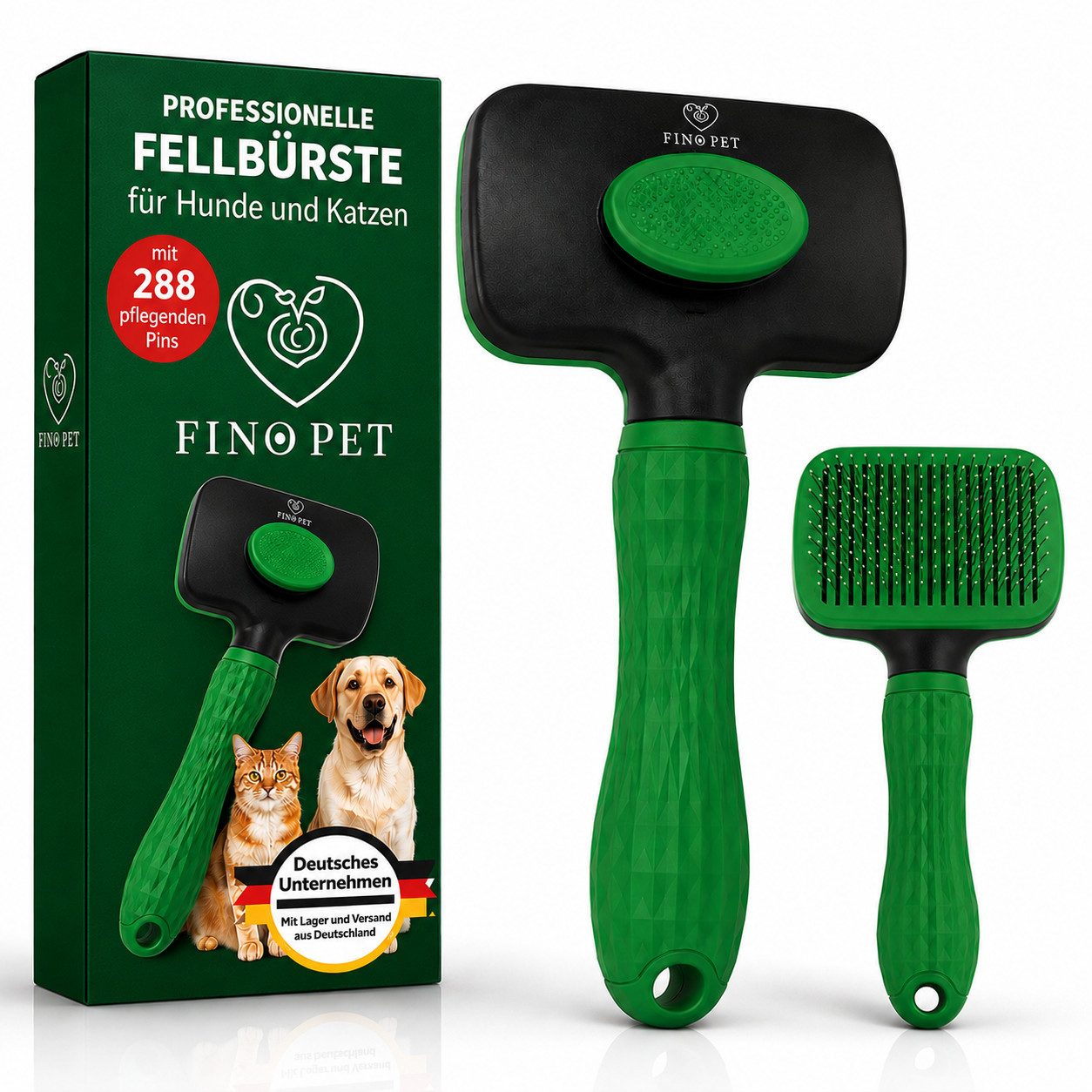 FinoPet Fellbürste Hundebürste / Katzenbürste mit automatischem Selbstreinigungsknopf, Edelstahlbürstenkopf mit 288 schützenden Perlen überzogenen, (1-tlg), Für Hund und Katze Langhaar Kurzhaar