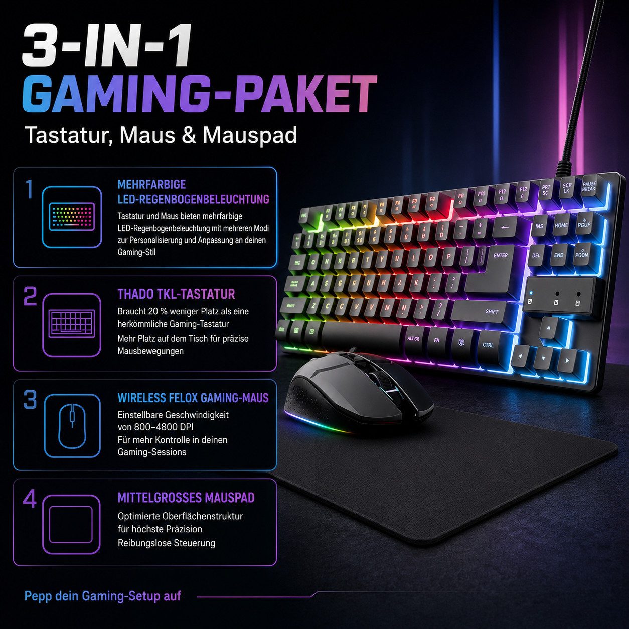 Trust Gaming Set Tastatur Maus Mauspad DE Layout QWERTZ Gaming Bundle PC Set PC-Tastatur (LED QWERTZ Tastatur Keyboard Gamer Set Equipment) – Bild 2 von 5