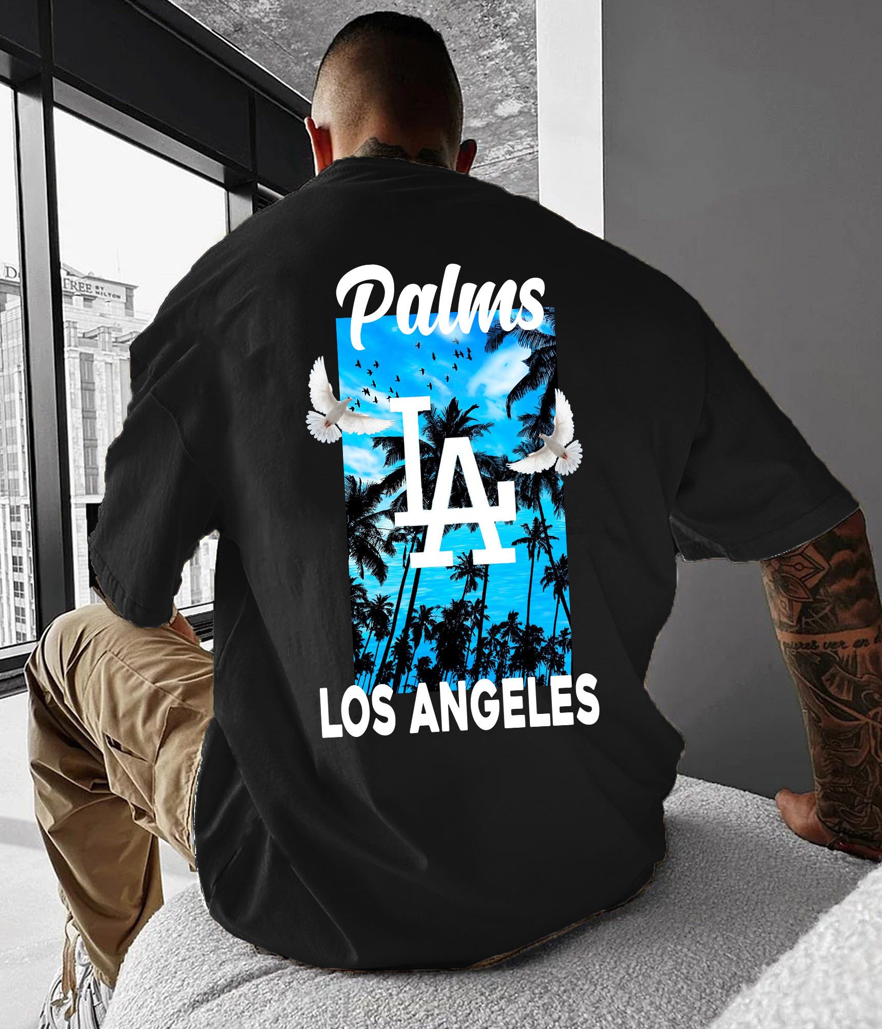 T-Shirt Herren Shirt Basic kurzarm Taube Los Angeles Palme LA