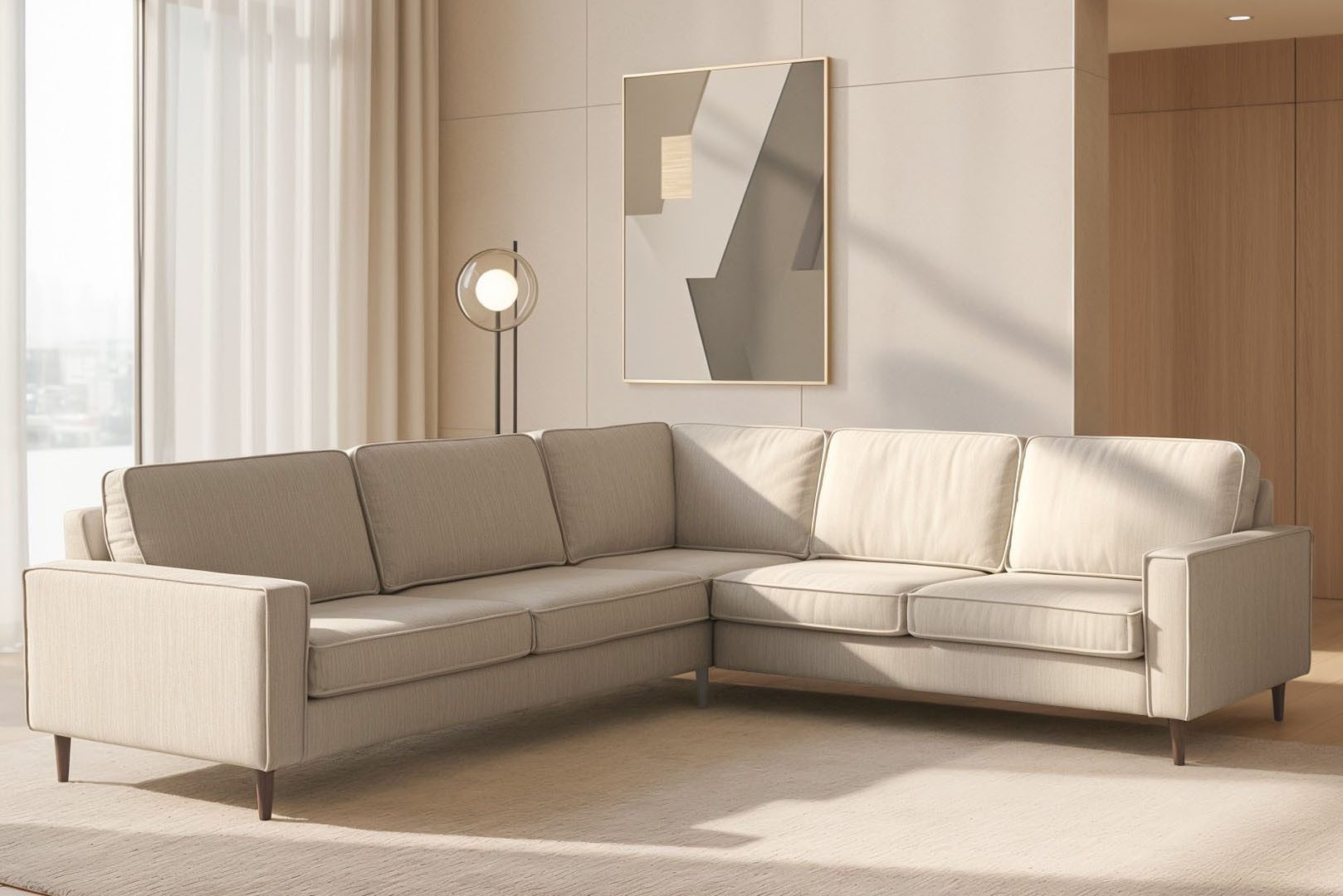 Home affaire Ecksofa Pinto Skandi, 290 cm, Chenille, Struktur, Ottomane links / rechts, mit Keder, Massivholzfüße Eiche geräuchert, Wellenunterfederung