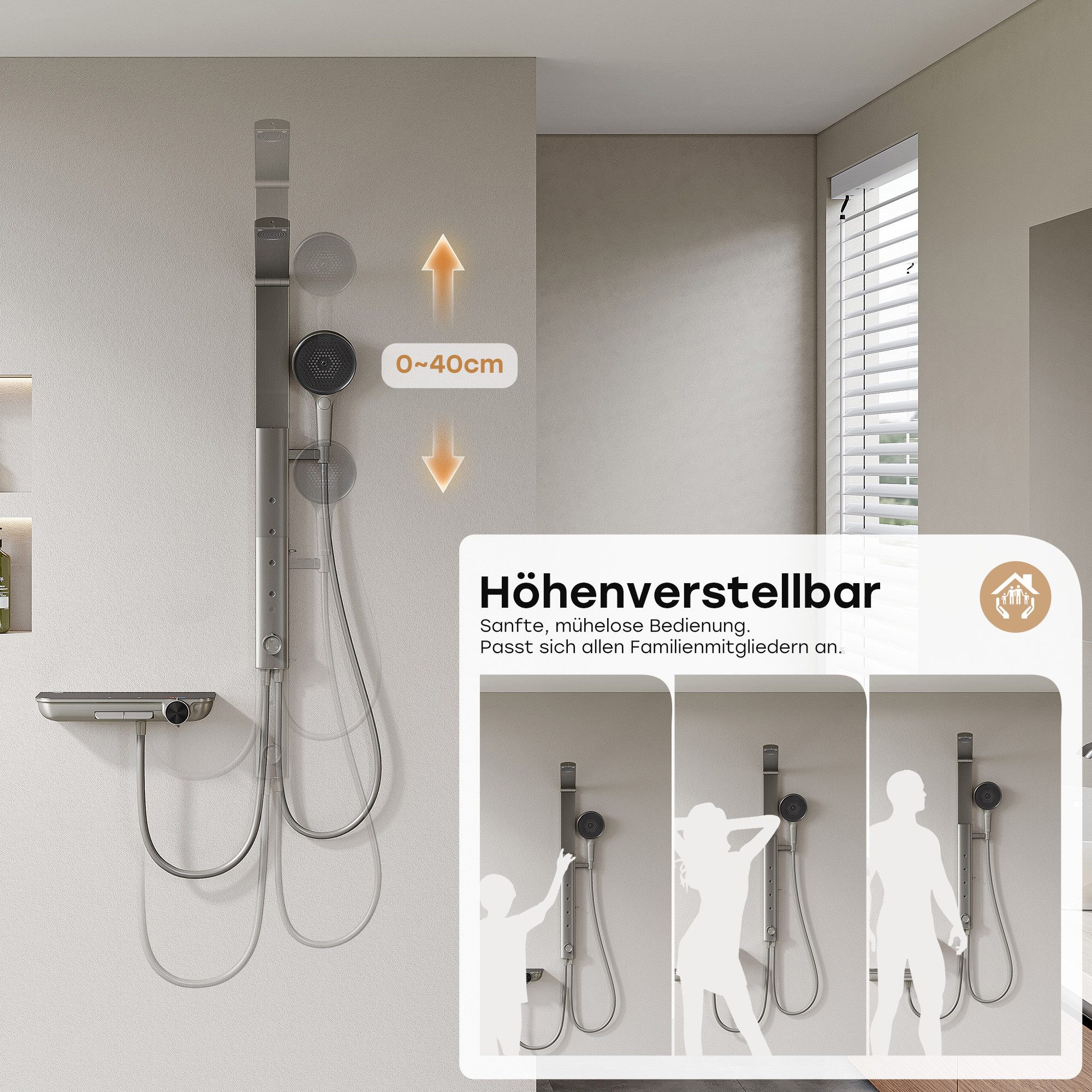 HOROW Duschsystem Brausegarnitur mit Thermostatarmatur und faltbarer Regendusche, 4 Strahlart(en), Regendusche Set, 3 Massage-Modi, Klappbares Duschset, Höhenve – Bild 4 von 5