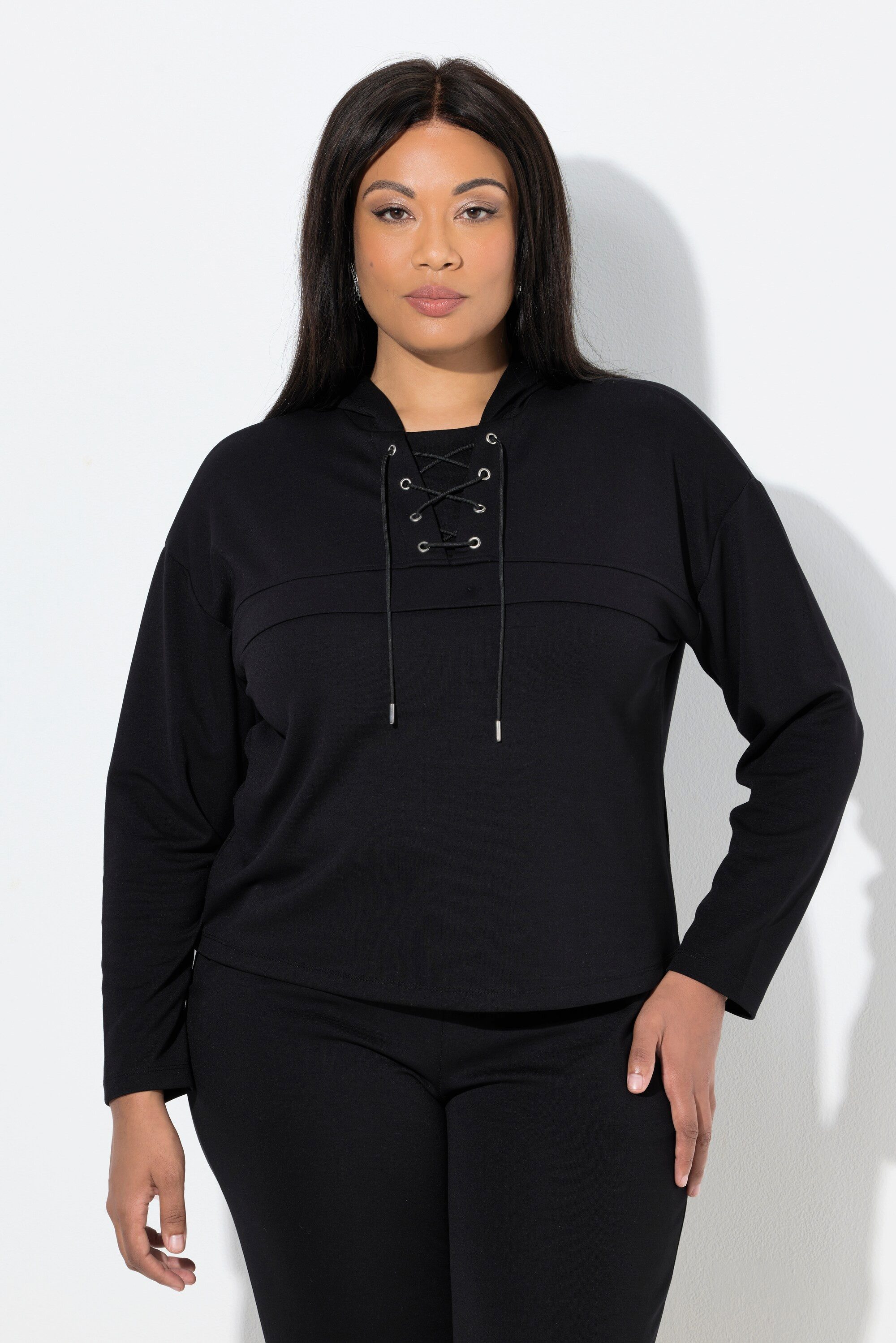 Ulla Popken Sweatshirt Hoodie Schnürung Kapuze Quernaht Langarm