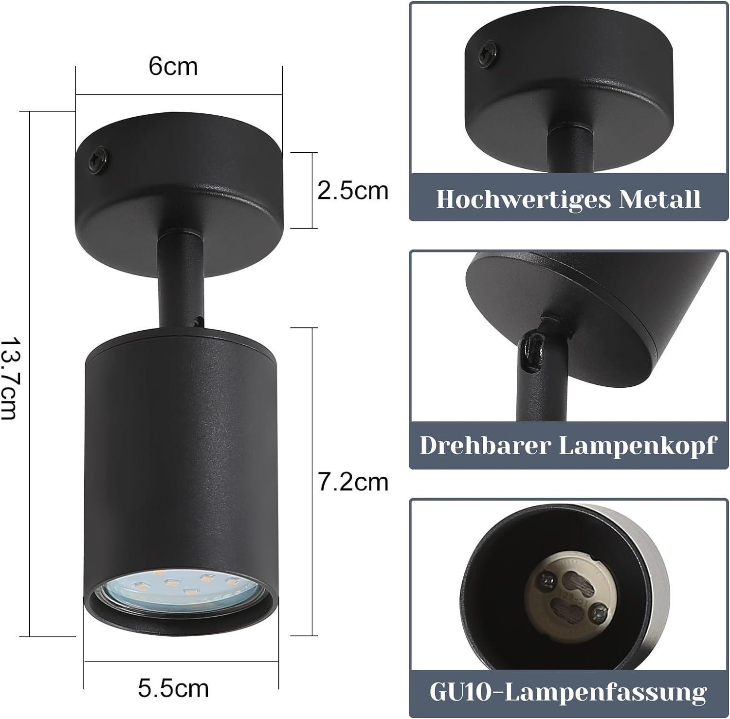 Nettlife Deckenspots Metall Schwenkbar Design Spotleuchte-1/2/3/4/5/6 Flammig, LED wechselbar, für Schlafzimmer, Küchen, Esszimmer,Treppenhäuser, Balkone, Terrassen