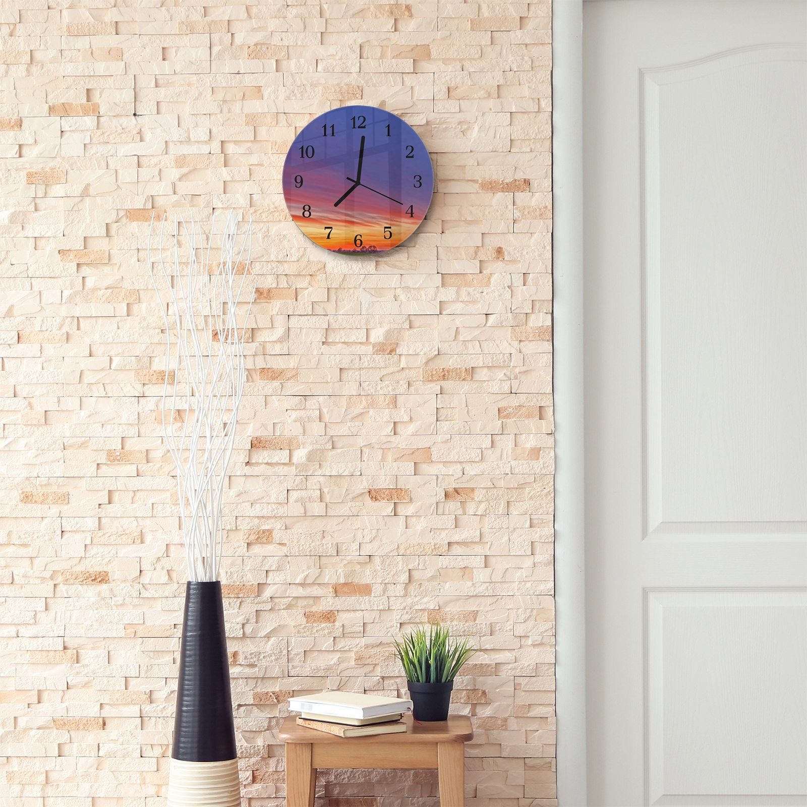 mit Wanduhr Quarzuhrwerk Motiv Sonnenuntergang 30 aus mit - Durchmesser Glas im Primedeco Rund Wanduhr und Himmel cm