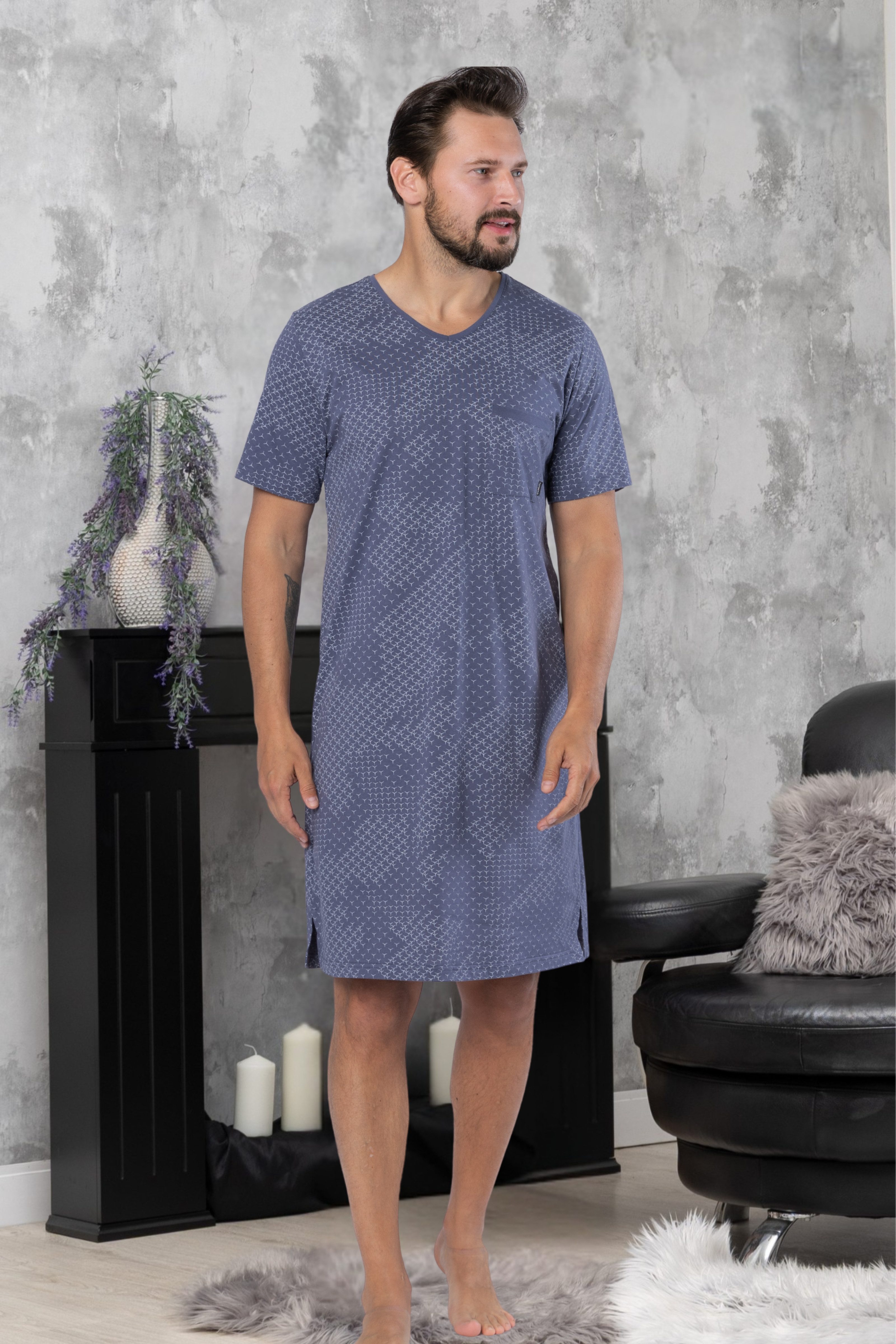 HOTBERG Nachthemd Herren Nachtwäsche Kurzarm Baumwolle modernes Sommer Schlafshirt mit Grafikdruck