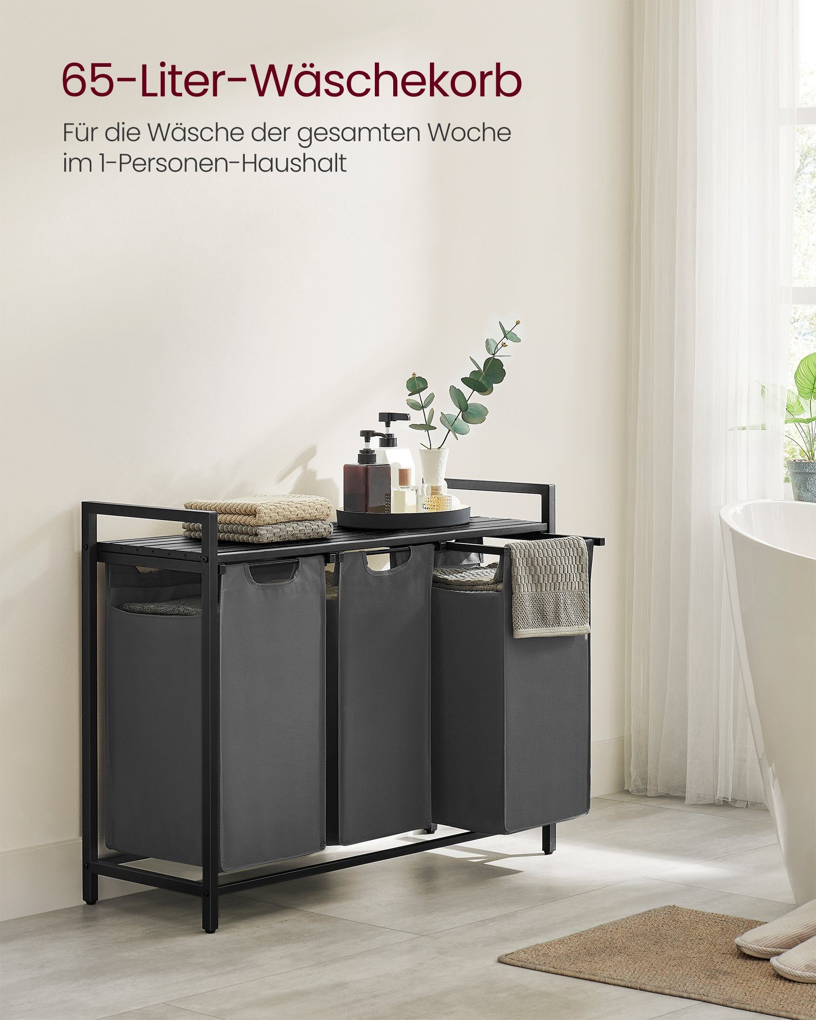 VASAGLE Wäschekorb, 3 Fächer, mit Ablage, ausziehbar und abnehmbar, 3 x 38 L