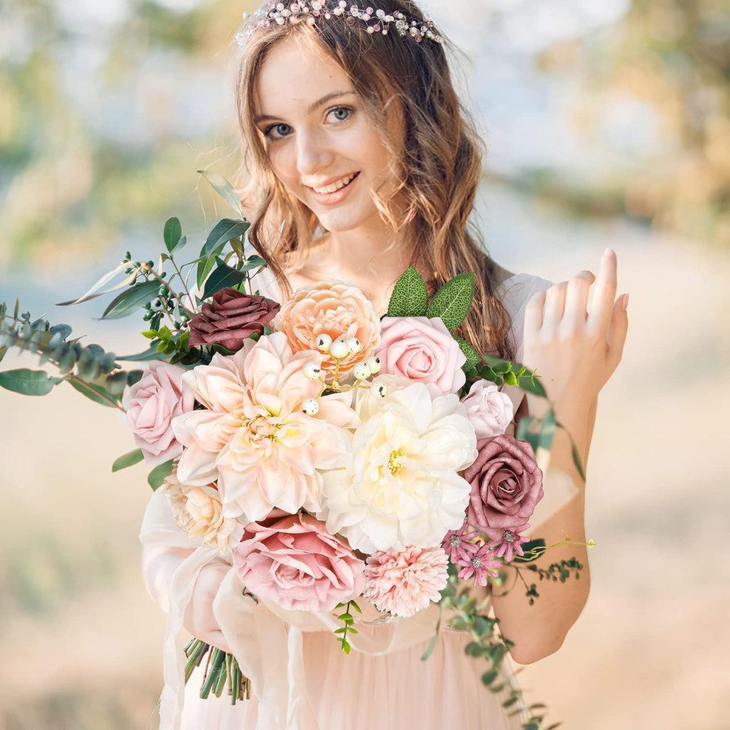 Kunstblume Künstliche Blumen Set, Seidenblumen Mix mit Dahlien & Rosen, Diwzbyn, Blumenstiele für DIY, Hochzeiten, Tischdeko & Wohndeko – Bild 5 von 5