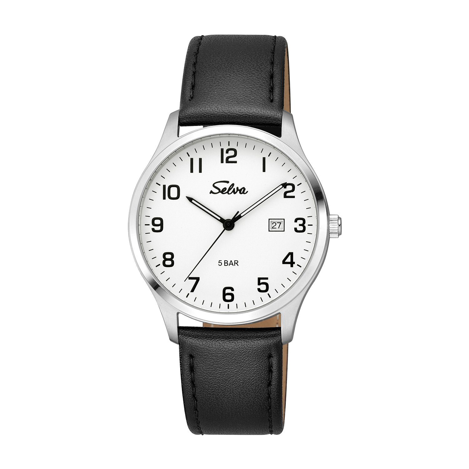 Quarzuhr SELVA Quarz-Armbanduhr mit Lederband Zifferblatt weiß, Gehäuse Ø 39mm