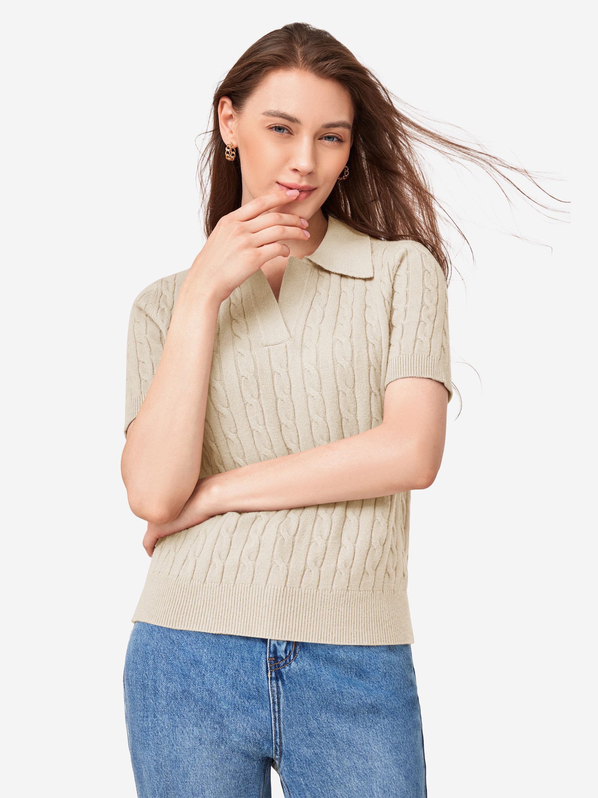 Imily Bela Strickpullover Damen Kurzarm Pullover mit Reverskragen (Packung, 1-tlg., 1per-Pack) V-Ausschnitt