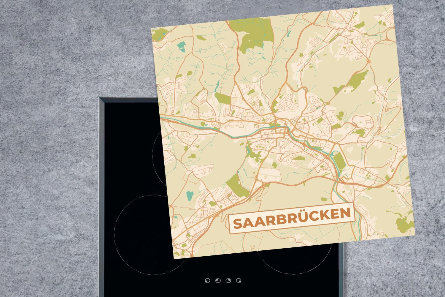 Arbeitsplatte Vinyl, Stadtplan, Ceranfeldabdeckung, Saarbrücken tlg), Karte - Herdblende-/Abdeckplatte 78x78 MuchoWow Vintage (1 - cm, für küche -