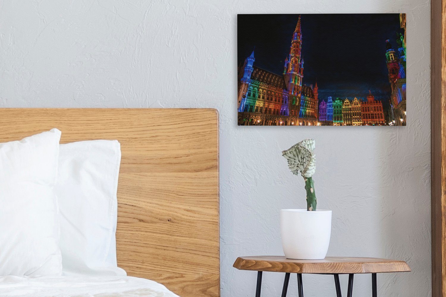 OneMillionCanvasses® Leinwandbild Leinwandbilder, schönen, St), von Wandbild nächtlich Place (1 Der cm Aufhängefertig, beleuchtete seinen Brüssel mit Wanddeko, Grand 30x20