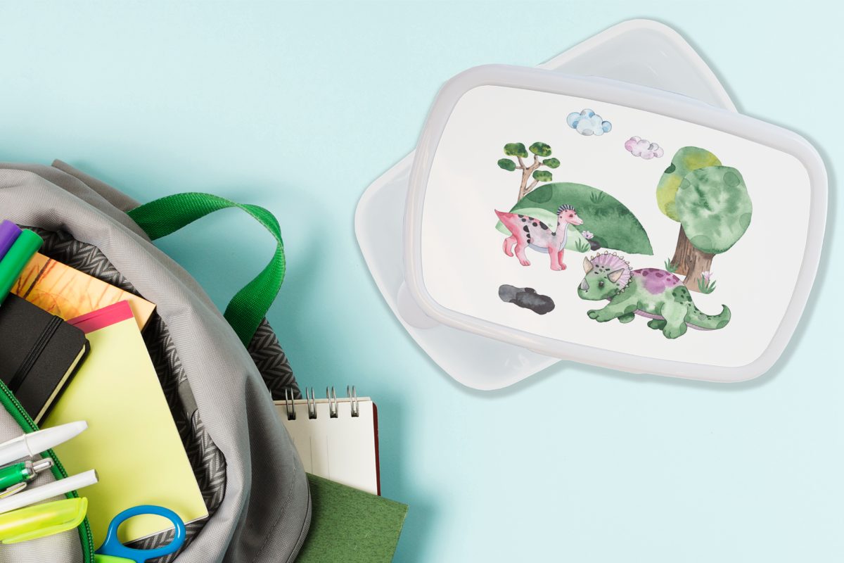 und Jungs - - und Erwachsene, Mädchen (2-tlg), Zeichnung für Kunststoff, - - MuchoWow Mädchen Dinosaurier Lunchbox Kinder - Brotbox Kinder, für Kinderzimmer weiß Brotdose, Jungen