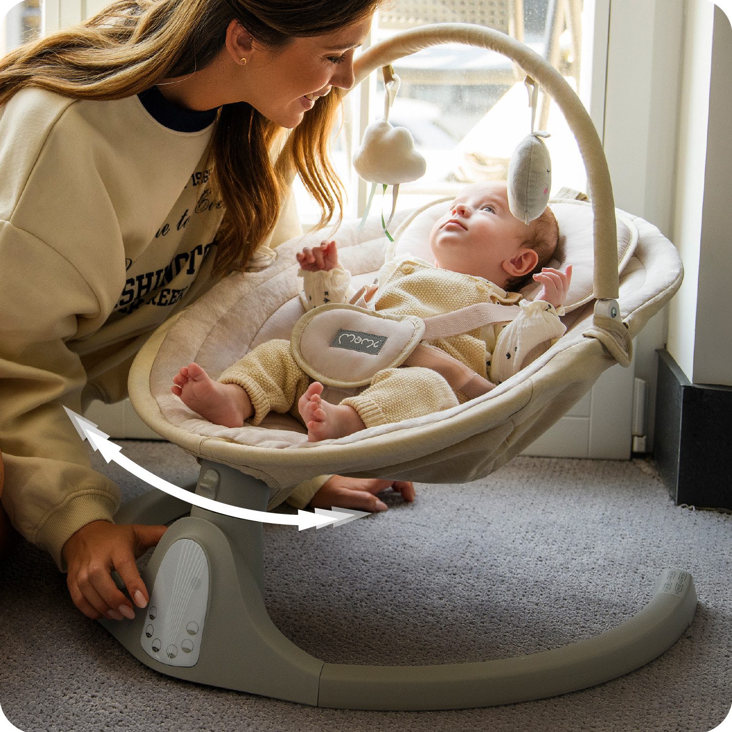 MoMi Babywippe Kenani, Elektrische Babywippe mit Bluetooth und Fernbedienung