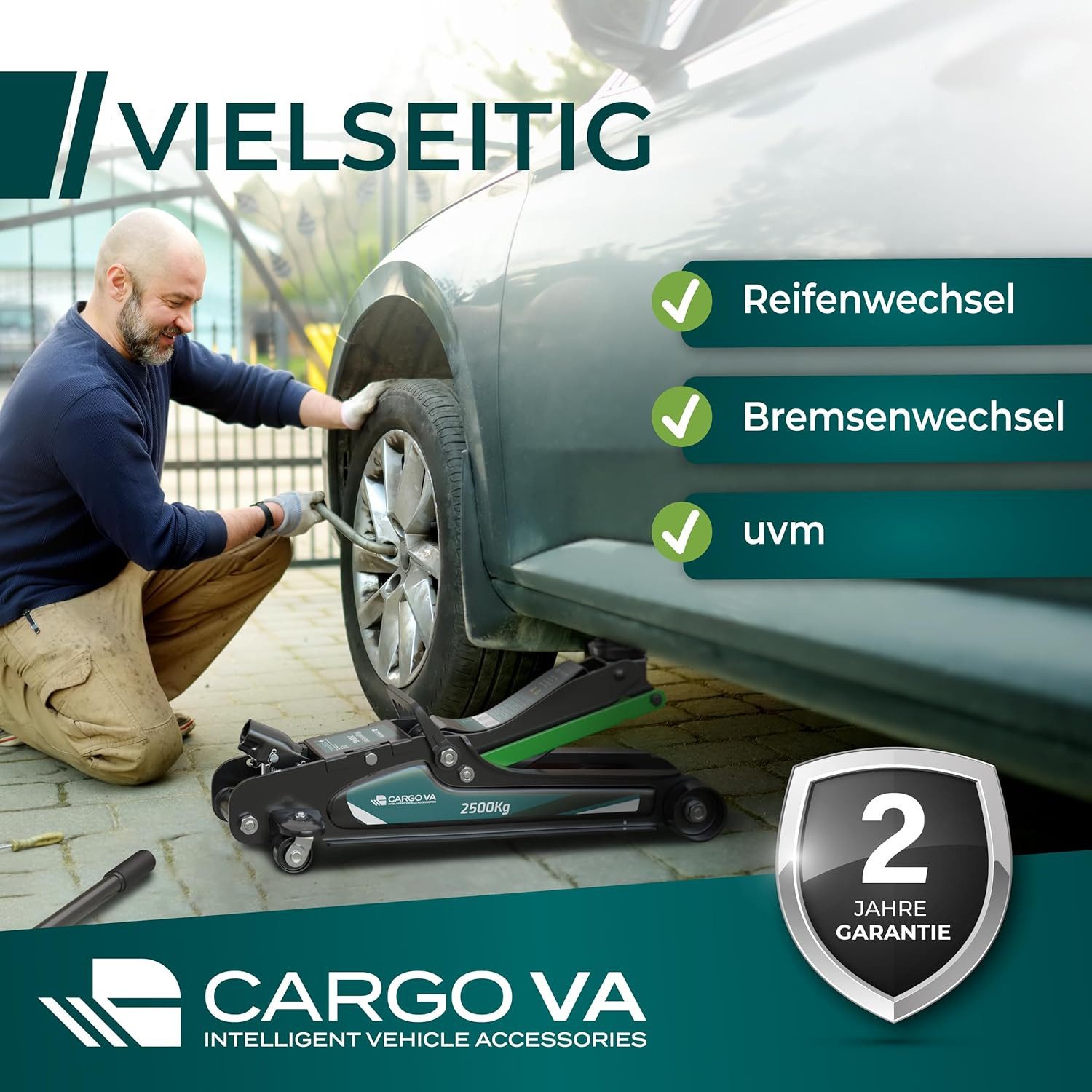 CargoVA® Hydraulic Trolley Jack 2.5T incl. 2 Rubber Pads, TÜV Certified, Max. Lifting Height: 38 cm, Jack Set, Jack Set incl. Rubber Pads, up to 2.5t; TÜV & GS Tested