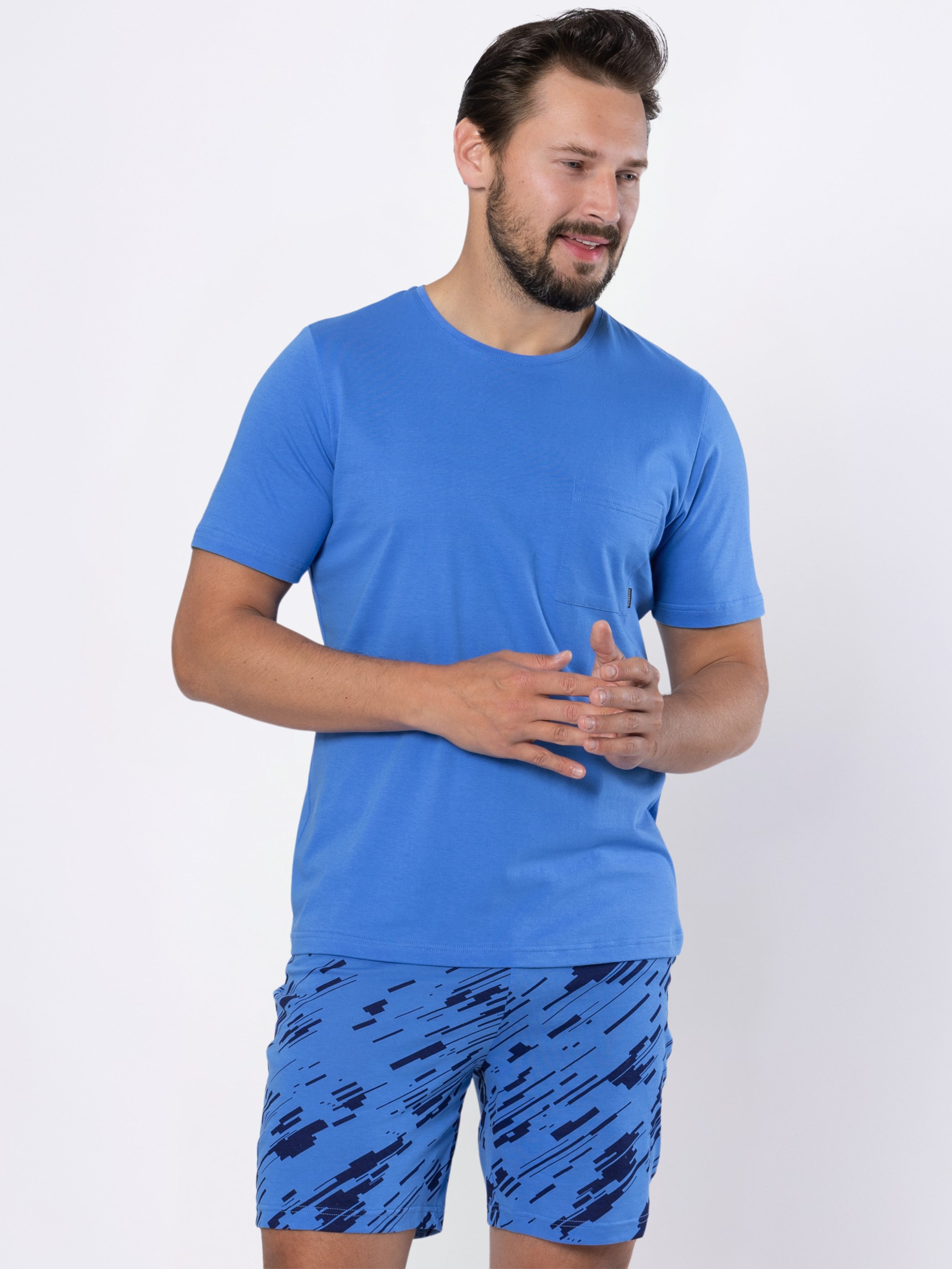 HOTBERG Shorty Pyjama-Set Herren kurz (2 tlg) Baumwolle, Blau-Marine, Nachtwäsche mit Print