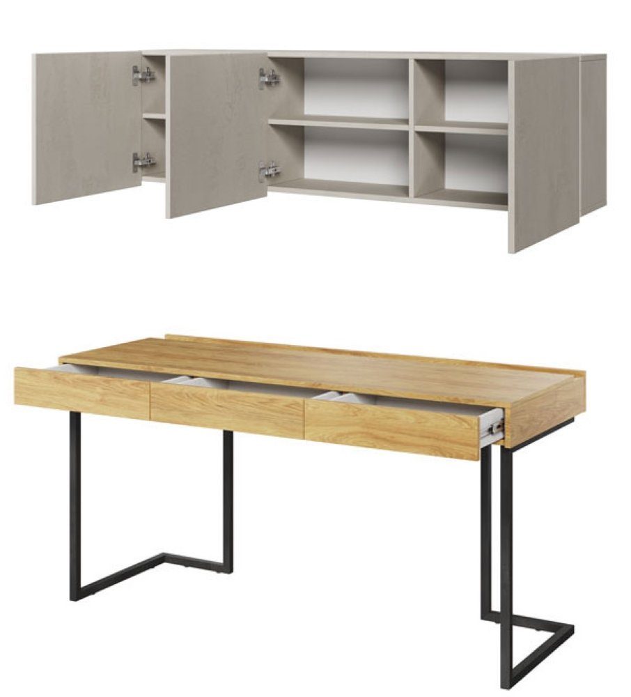 Hickory Feldmann-Wohnen Teen 3-teilig Schreibtisch Flex, Steel Natur Raw betonfarben