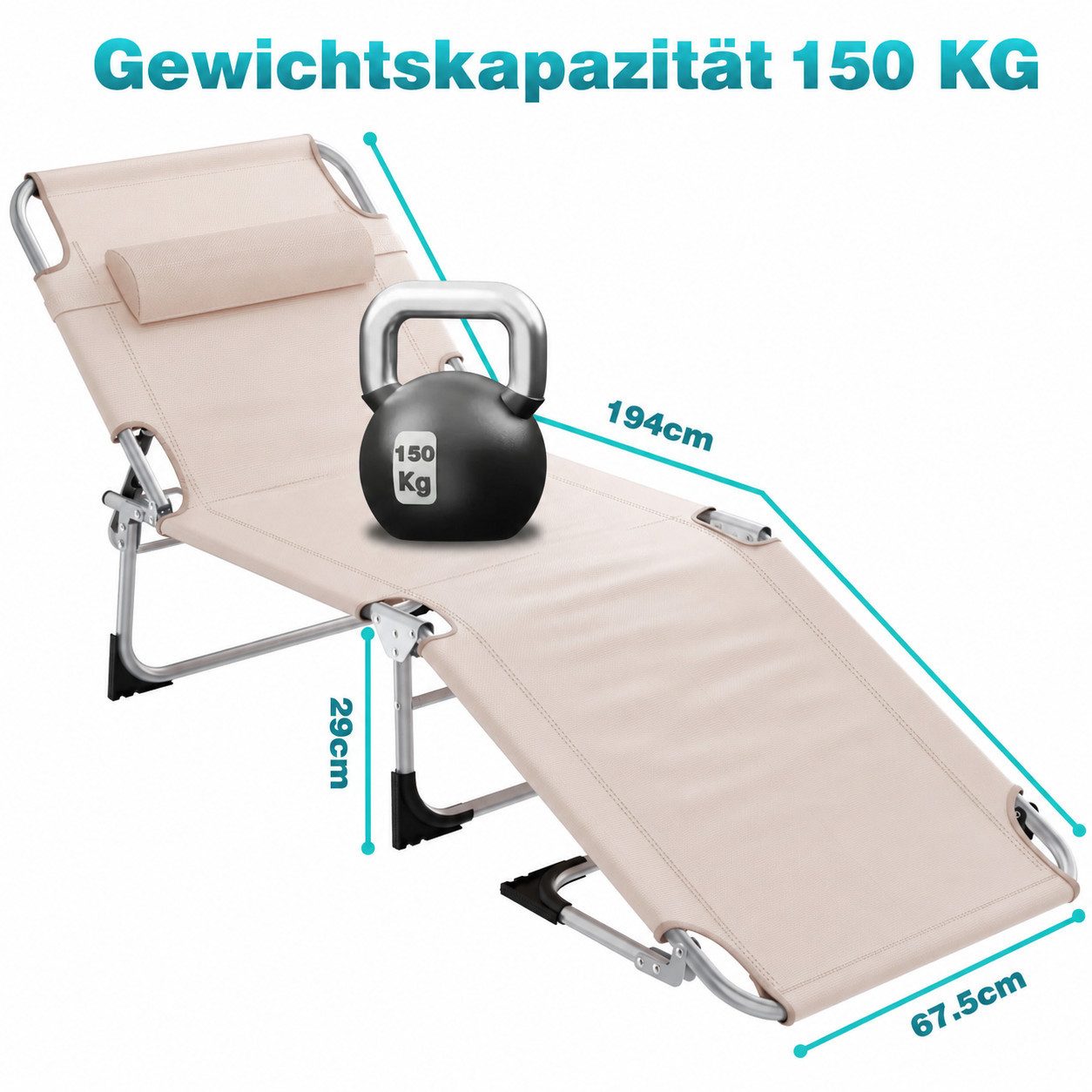 Ferghana Gartenliege Sonnenliege, Dein Sommerbegleiter, Klappbare Gartenliege mit Dach, Kopfstütze & Seitentasche & Trageschlaufen, 4 Positionen, extra breit B6 – Bild 2 von 5