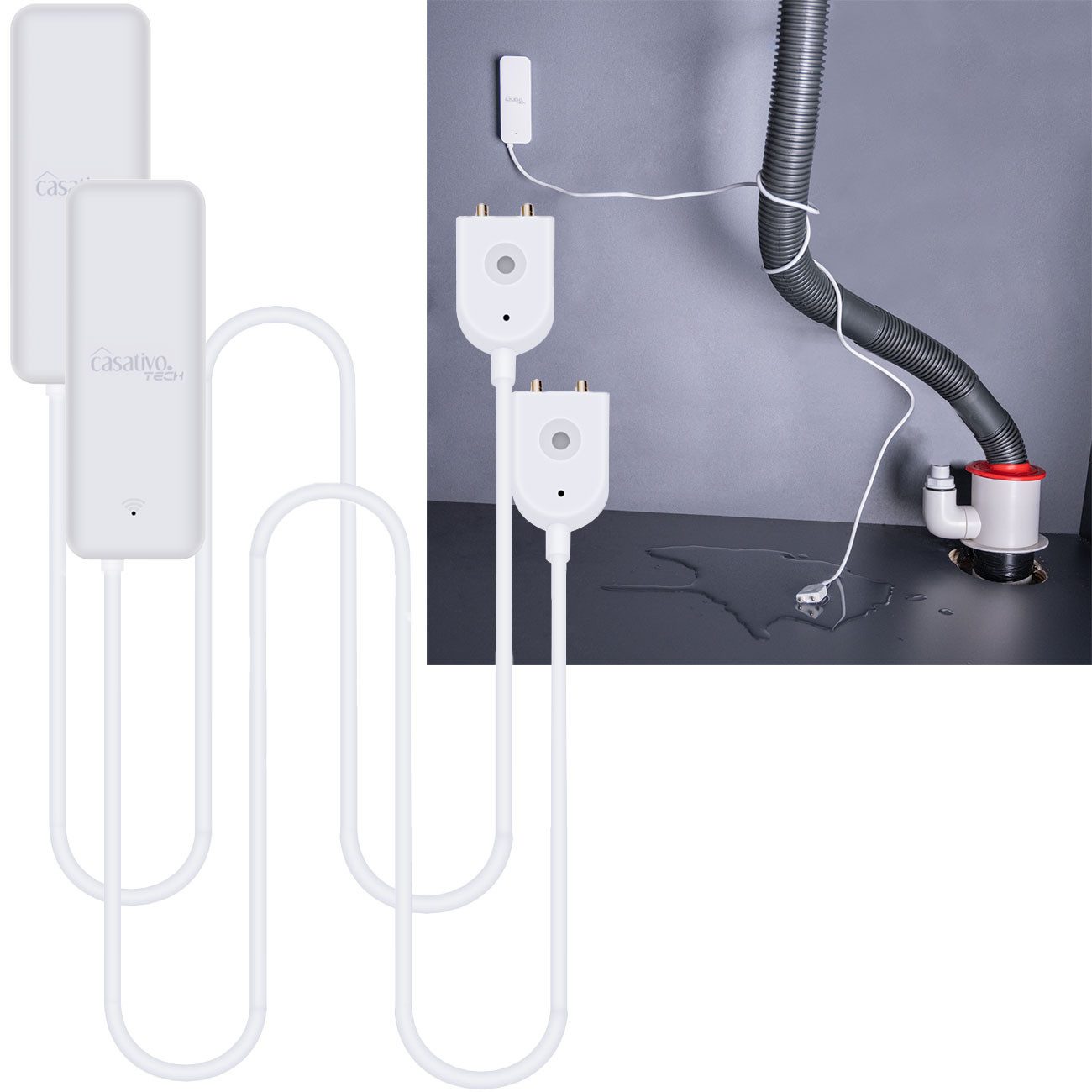 Casativo WLAN-Steckdose Smarter WLAN-Wassermelder Tuya & SmartLife App-Alarm externer Sensor, 2-St., 1er-Set & 2er-Set & 3er-Set, Externer Sensor, App-Alarm, WLAN-fähig, Batteriebetrieb