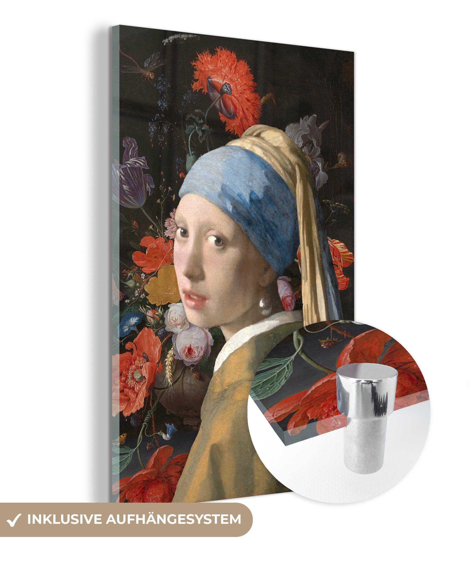 Foto (1 Blumen, - Bilder auf - Wandbild Acrylglasbild St), Johannes Das Perlenohrring Glasbilder dem bunt Glas Glas - mit Mädchen Vermeer - MuchoWow Wanddekoration - auf