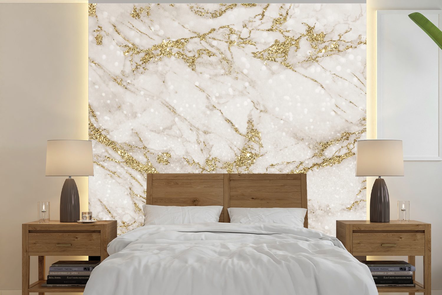 - St), Wandtapete Marmor Tapete Muster Gold, Weiß Fototapete (5 Matt, Wohnzimmer - bedruckt, - Vinyl MuchoWow Schlafzimmer, für oder