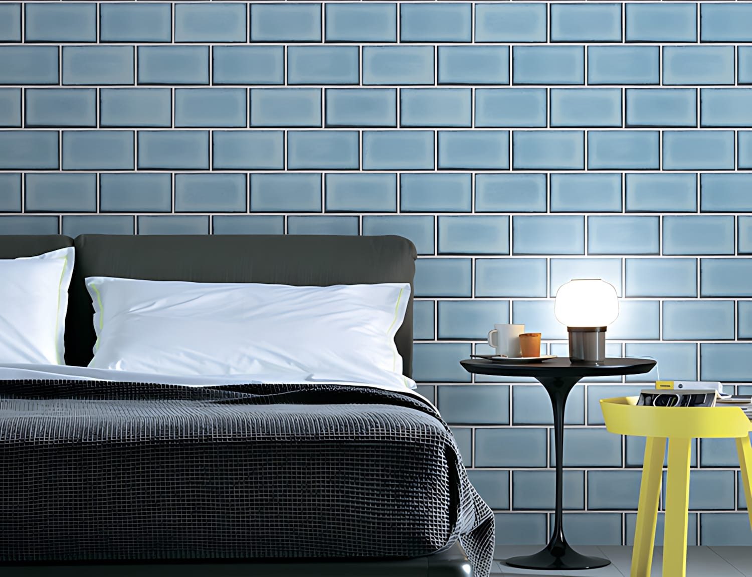 Profhome Prägetapete BA220106-DI Grafik Tapete Geometrisch blau pastell-türkis weiß 5,33 m2, geprägt, glänzend, grafisch, geometrisch, Ziegelstein-Optik, (1 Rolle, 5,33 qm), heißgeprägte Vliestapete, blau, pastell-türkis, weiß