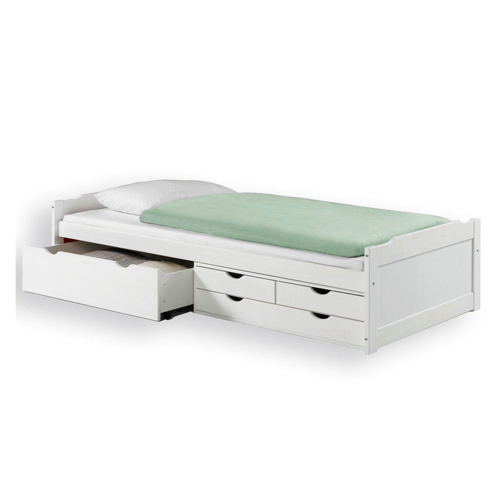 IDIMEX Funktionsbett ANDREA, Bett mit weiss 4 Stauraum in Schubladen mit Bett massiv weiß aus Hol Kiefer