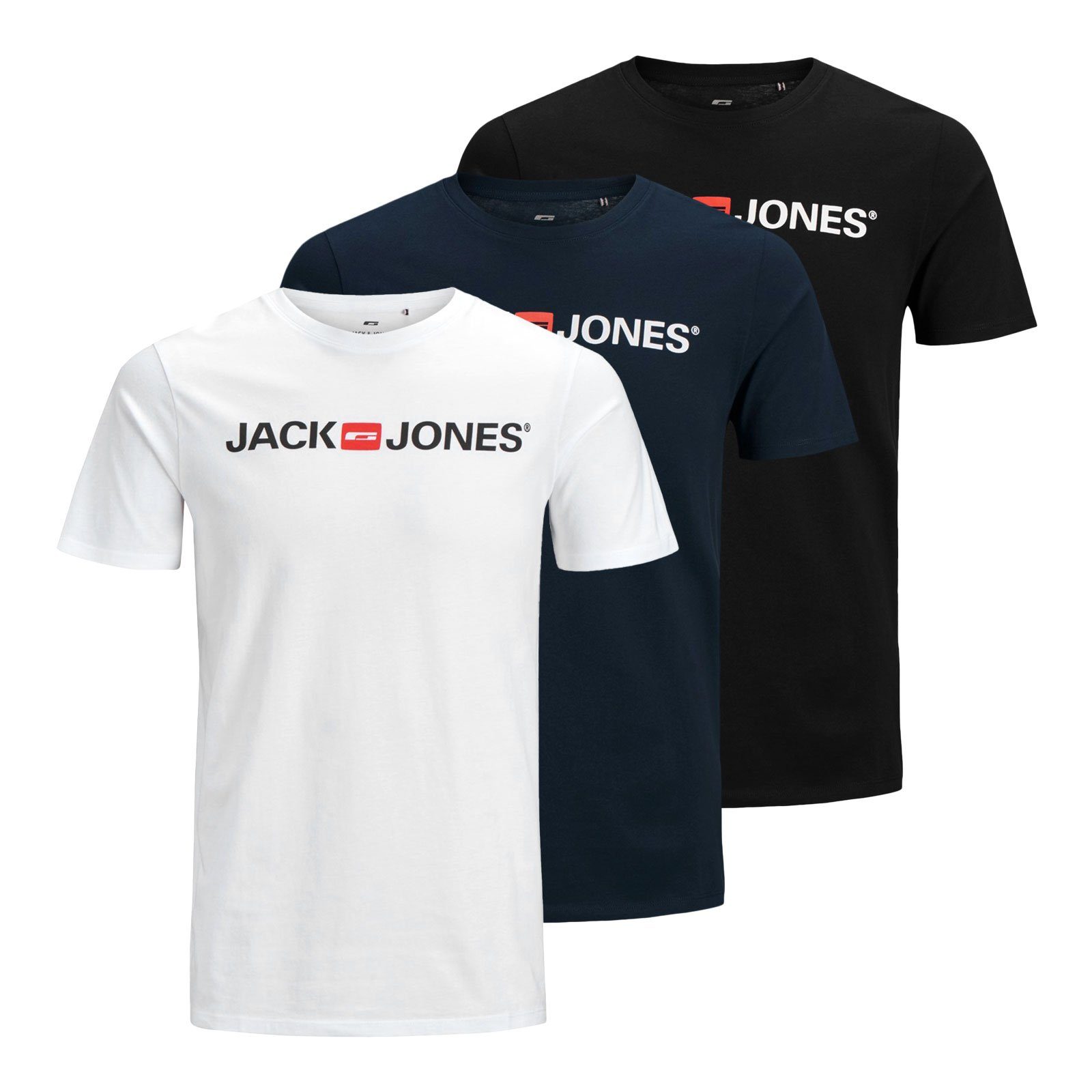 Jack & blazer Pack Tee / Markenschriftzug white mit - / Neck Jones Logo 3er navy black Crew 12137126 T-Shirt