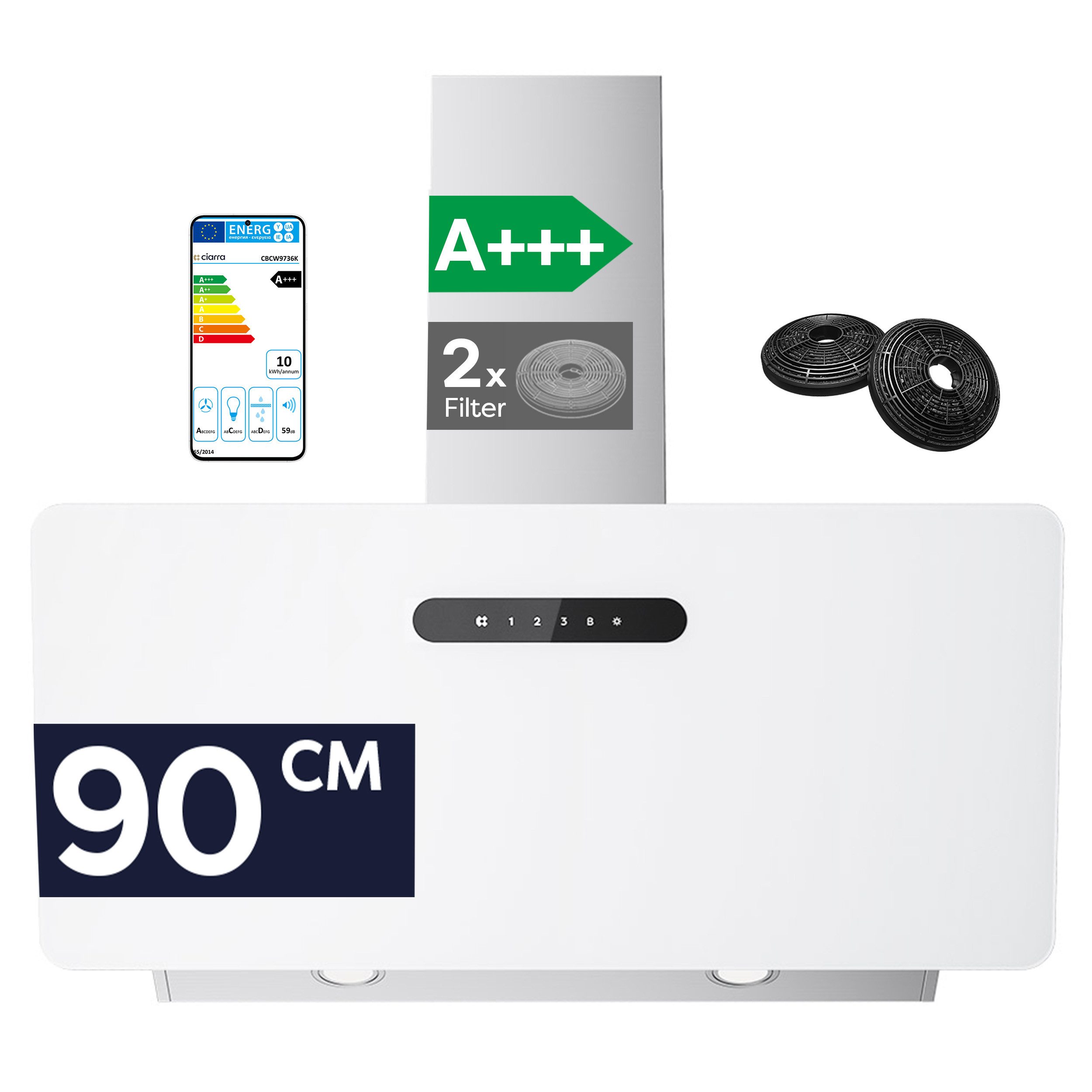 CIARRA Kopffreihaube 90 cm Dunstabzugshaube A+++ 650 m³/h starke Saugleistung Glas VM9736KW Serie 4 Stufen Inkl. BOOST 90 cm Dunstabzugshaube A+++ 650 m³/h starke Saugleistung Glas VM9736KW, Leise Schräghaube WIFI-APP Touch Control Umluft & Abluft mit LED
