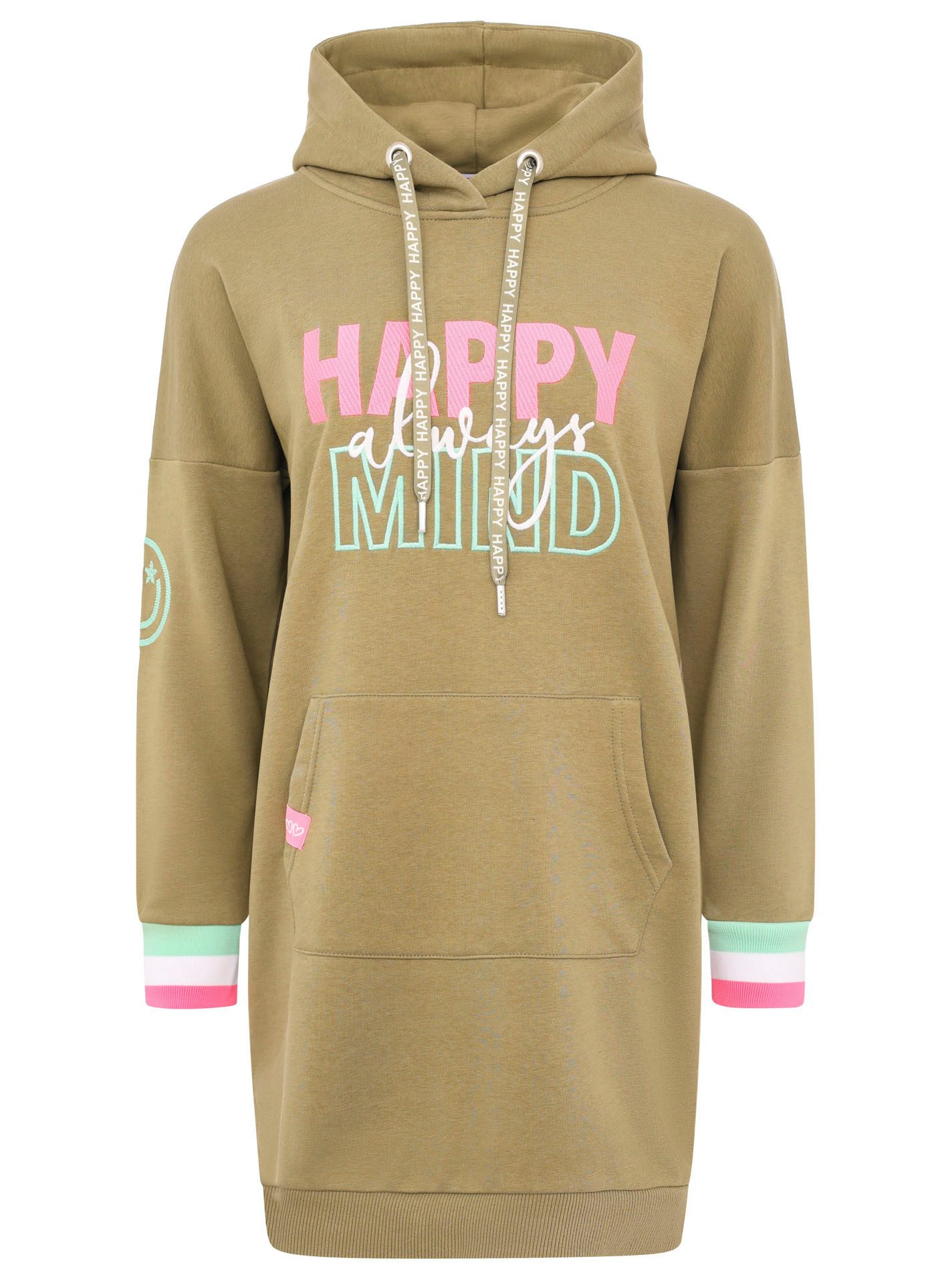 Zwillingsherz Sweatkleid "Always Happy Mind" mit Kapuze und fröhlicher Bots günstig online kaufen