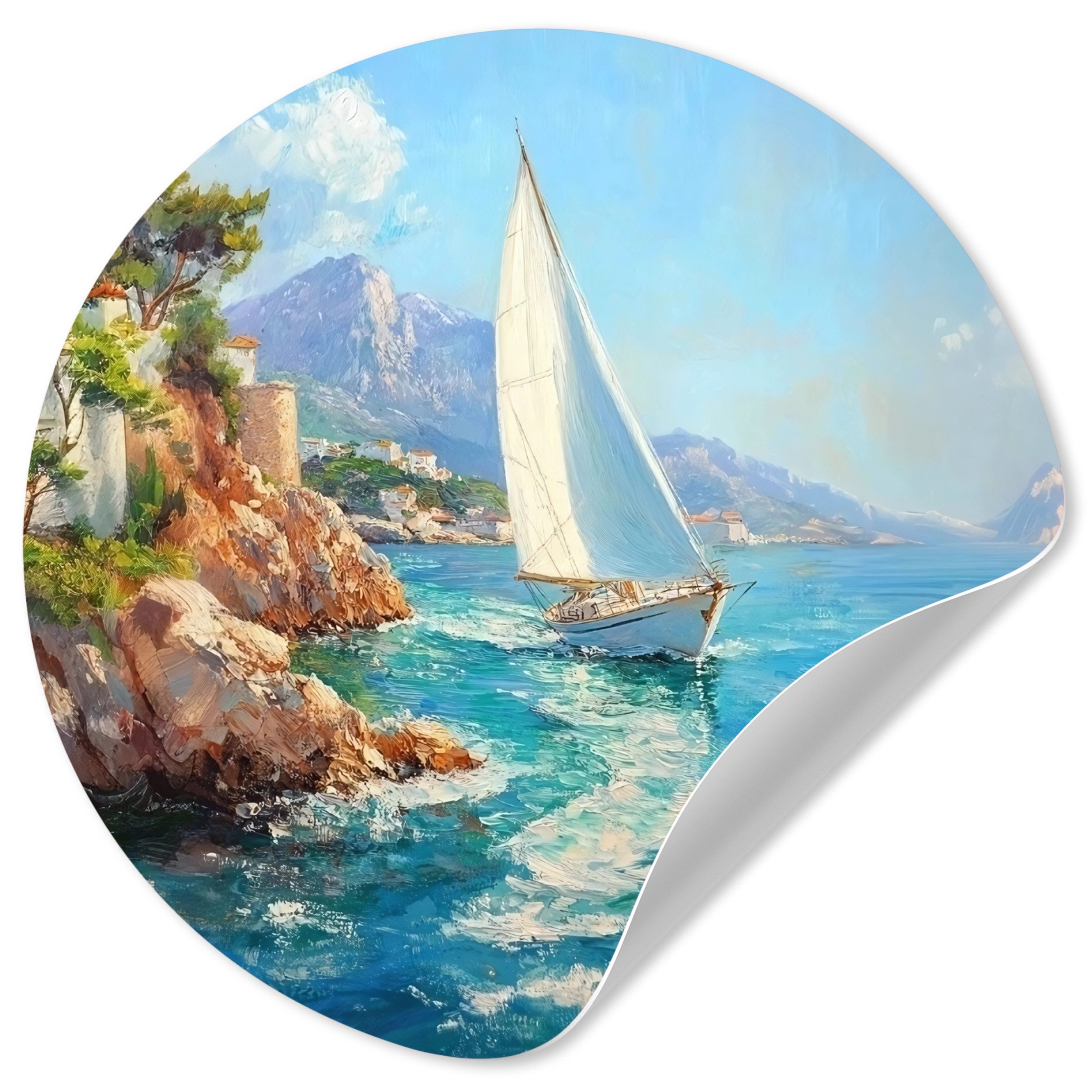 MuchoWow Wandsticker Segelboot - Felsen - Küste - Häuser (1 St), Wandtattoo Selbstklebend, Wohnzimmer Deko Aufkleber, 30x30 cm