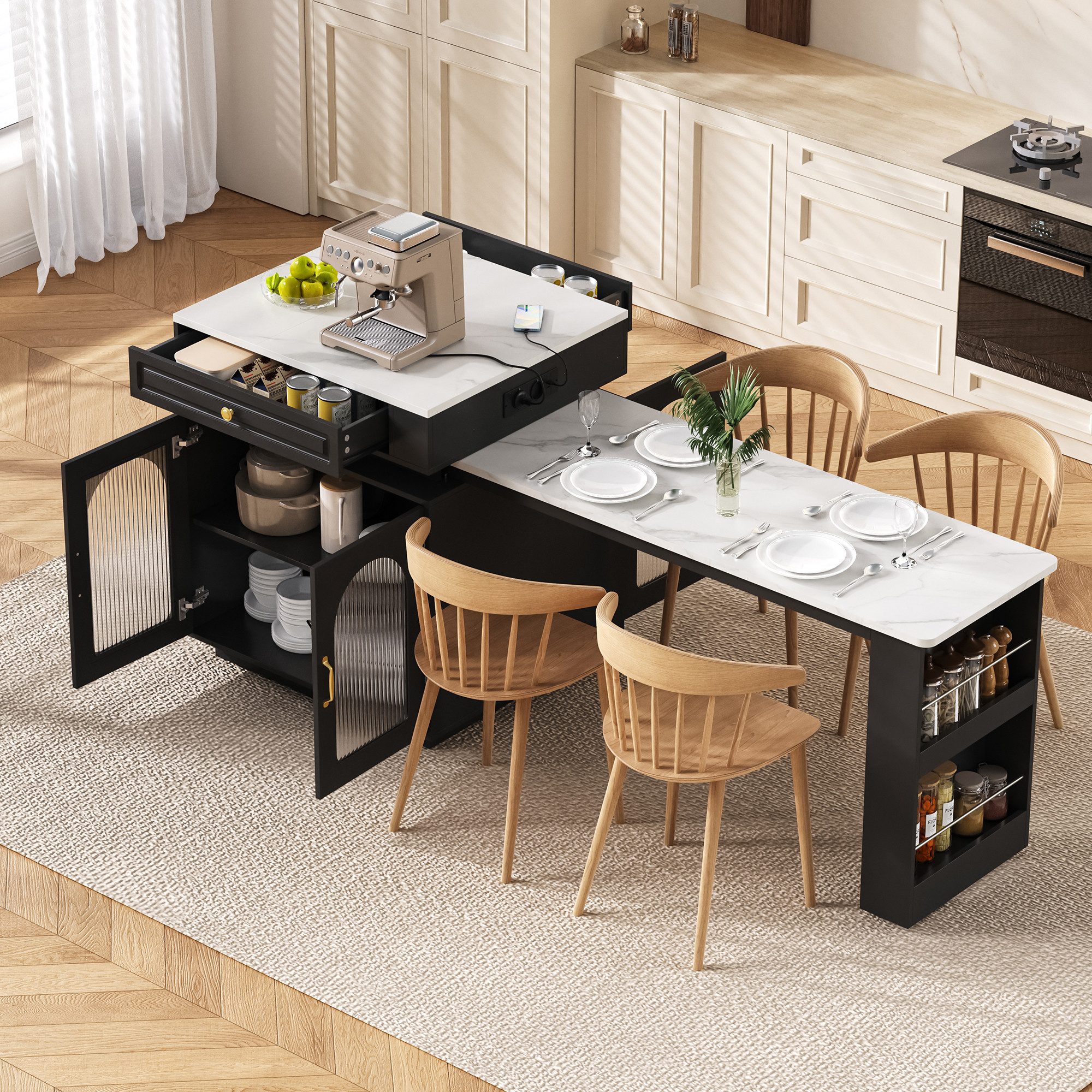Merax Küchenzeile Esstisch Kücheninsel mit Rollen, Ausziehbarer Esstisch, küchentisch, LED Steckdosenleiste, Multifunktionaler Bartisch, Sideboard