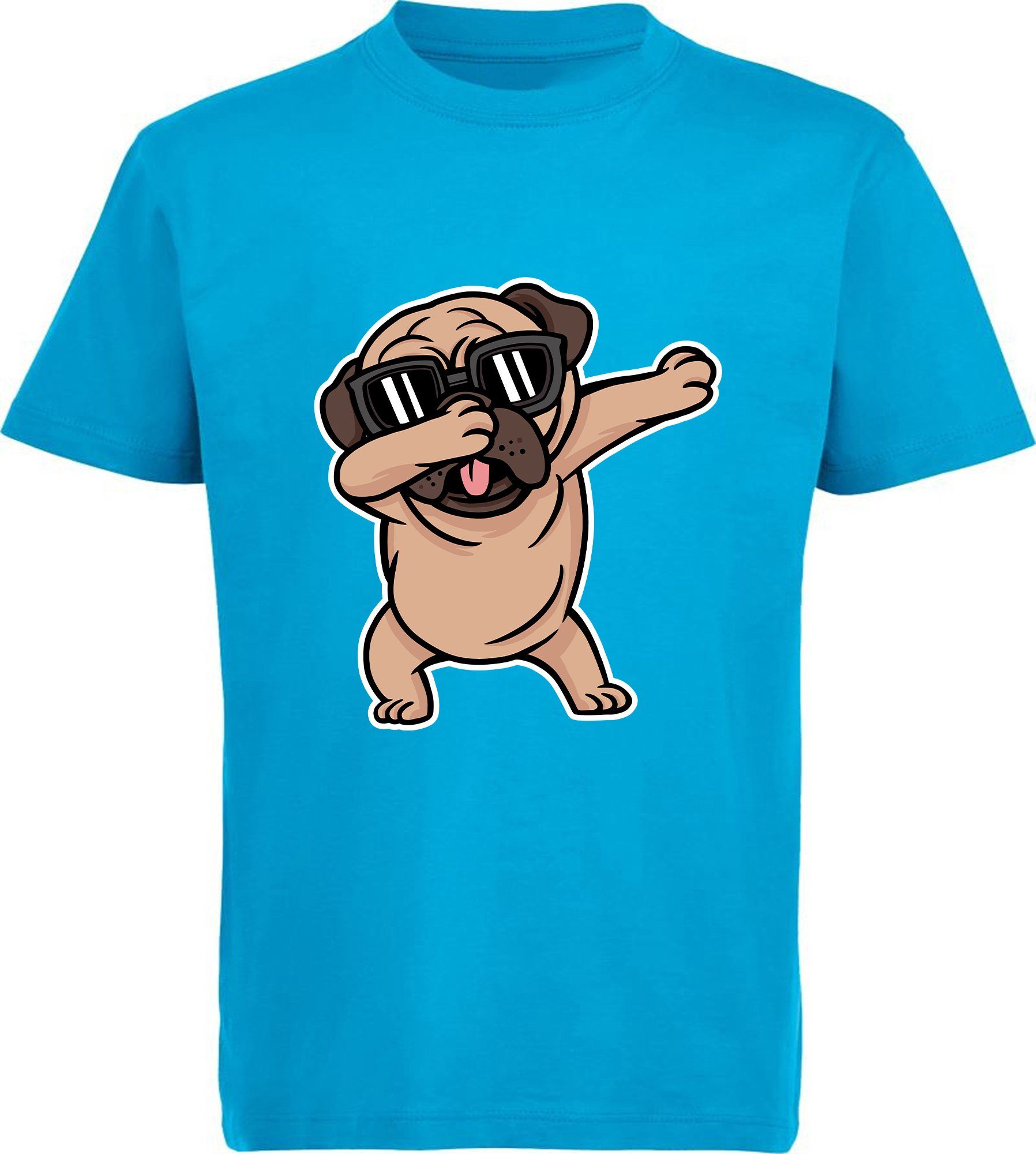 MyDesign24 Print-Shirt Kinder Hunde T-Shirt bedruckt - Cooler Hund mit Skateboard Baumwollshirt mit Aufdruck, i239 aqua blau