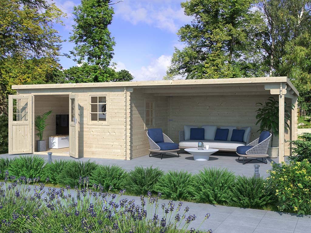 Woodtex Gartenhaus Gartenhaus Blockbohlenhaus CA2988 28 mm naturbelassen mit 4 m Anbau, BxT: 796x309 cm, Anbaudach, 28 mm Wandstärke, Doppeltür mit Echtglas-Einsätzen